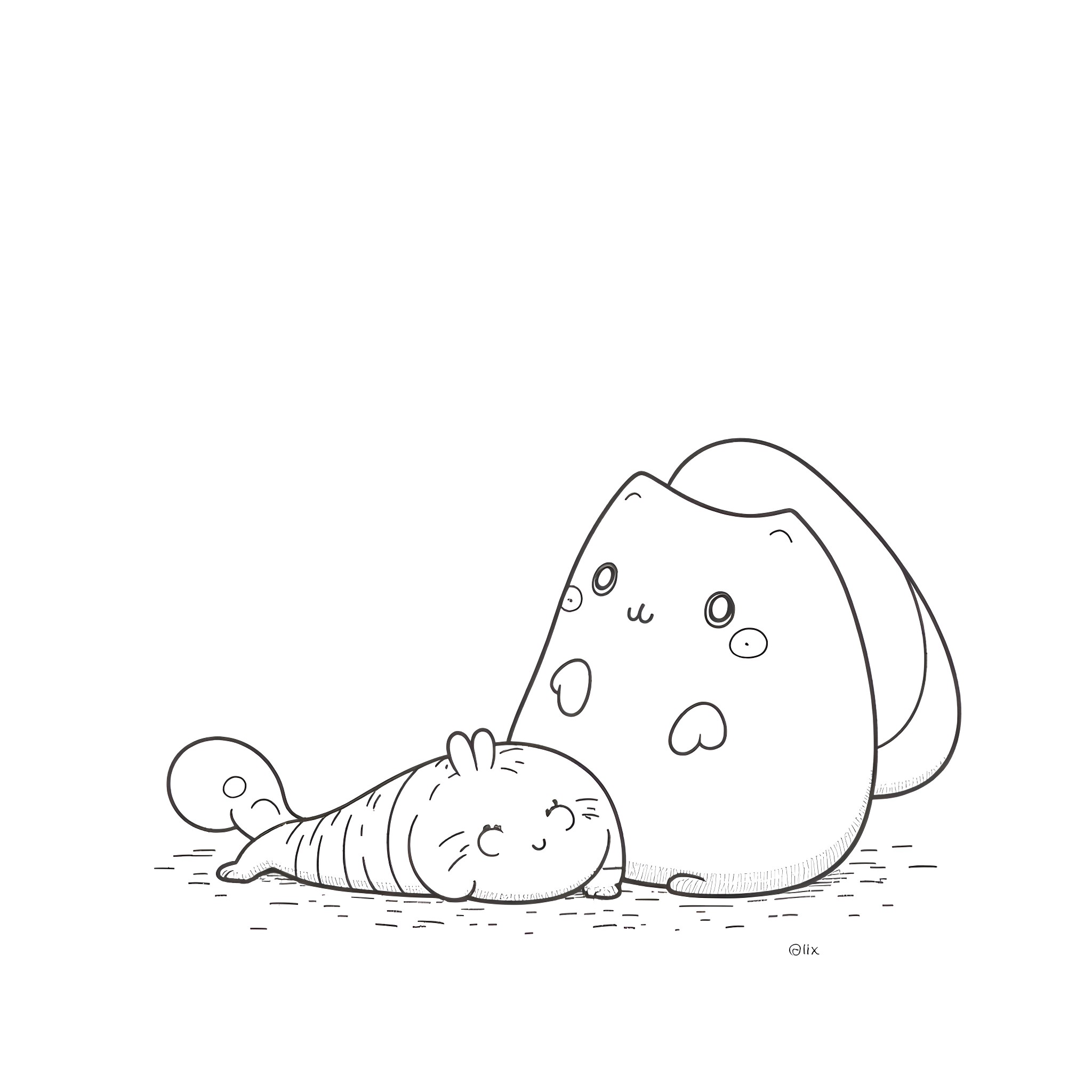 Squishmallow character enjoying a cozy rest Coloring Page (free black-and-white line drawing printable PDF for all, from beginners to advanced learners, including children, teens, adults, and seniors)