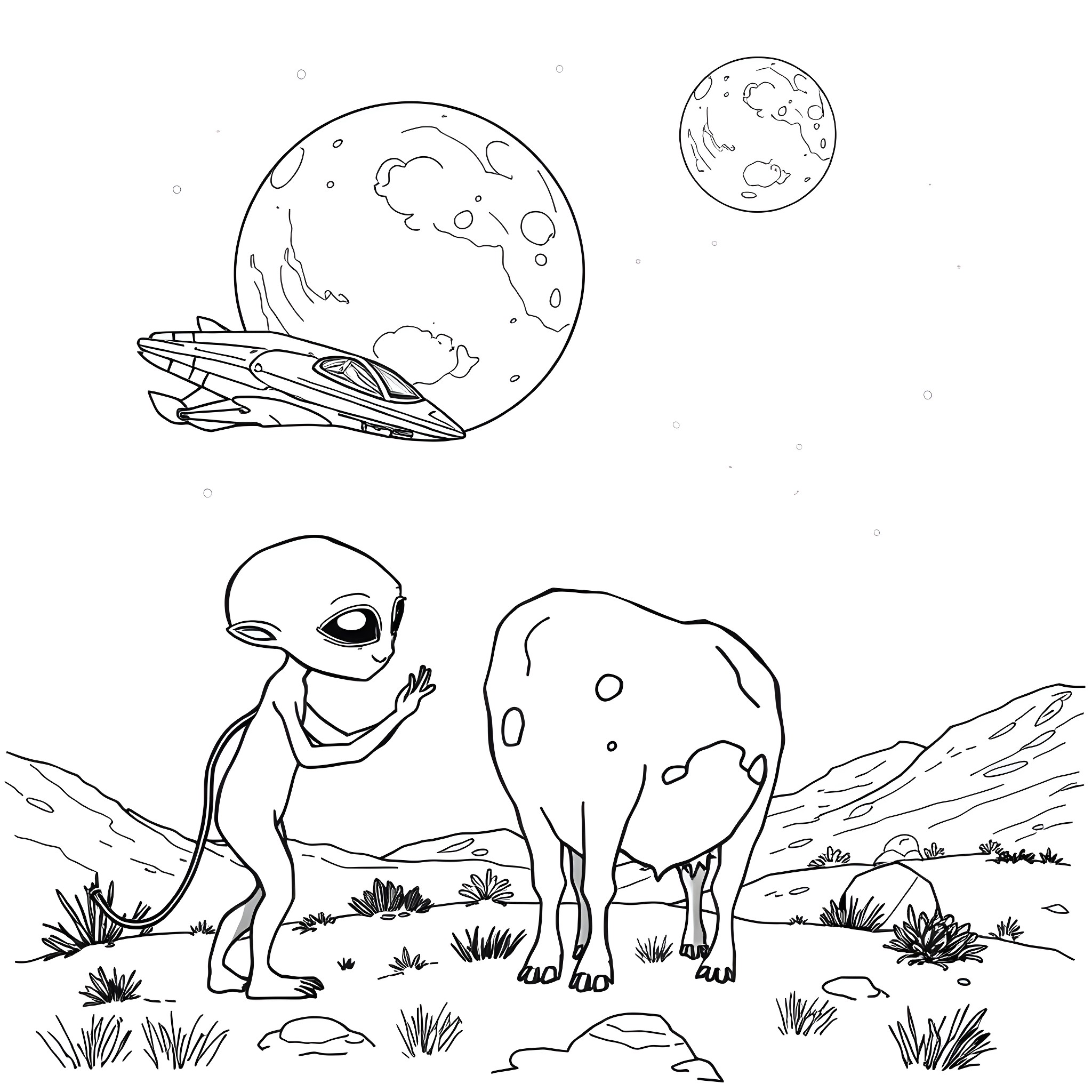 Alien spacecraft exploring alien landscape Coloring Page (free black-and-white line drawing printable PDF for all, from beginners to advanced learners, including children, teens, adults, and seniors)