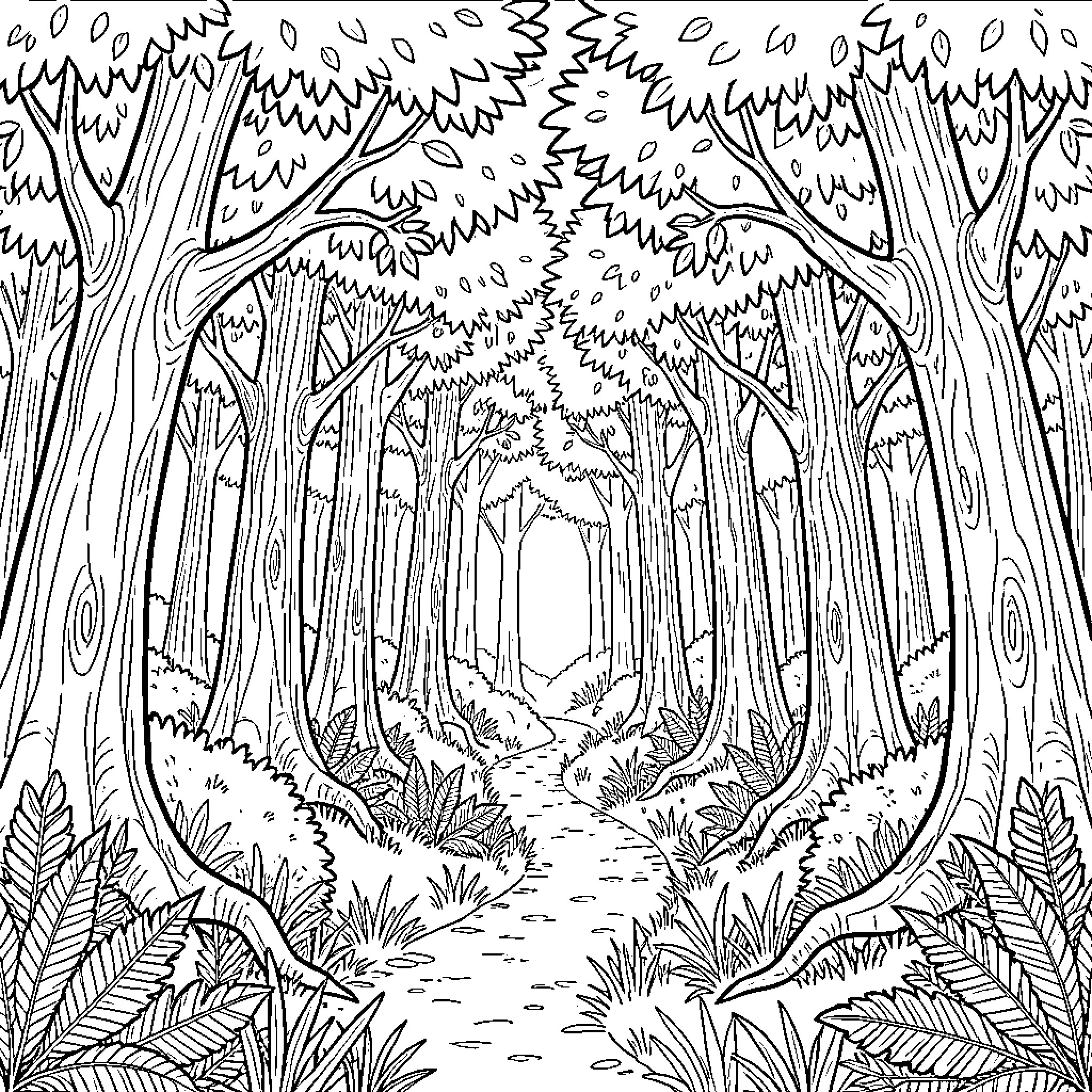 Forest path through a whimsical woodland landscape Coloring Page (free black-and-white line drawing printable PDF for all, from beginners to advanced learners, including children, teens, adults, and seniors)