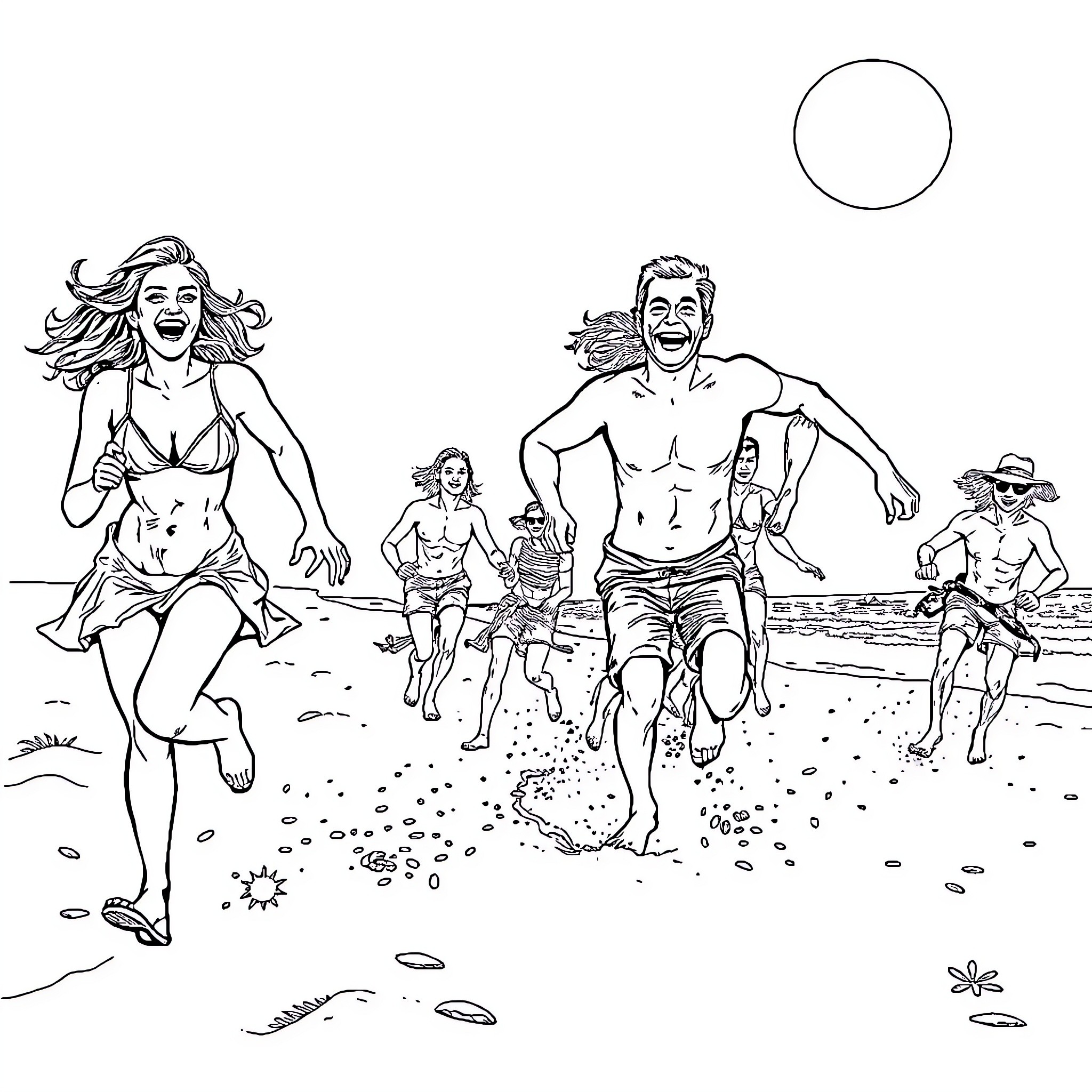 Woman enjoying beach with family and friends Coloring Page (free black-and-white line drawing printable PDF for all, from beginners to advanced learners, including children, teens, adults, and seniors)