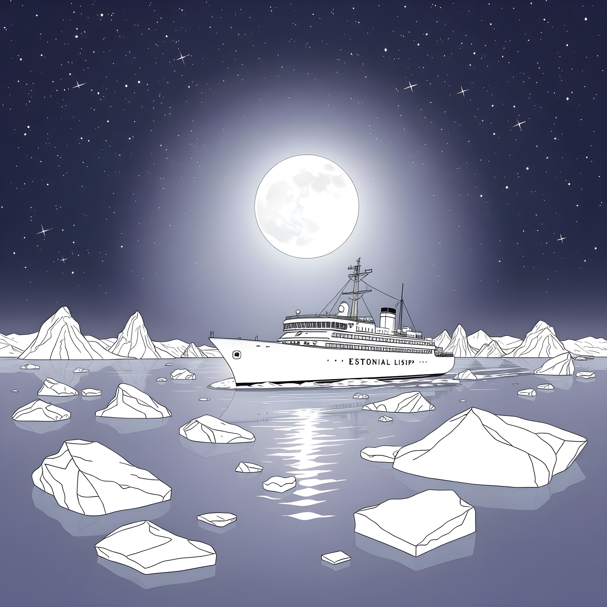 Ship sailing through an icy Arctic landscape under the moonlight Coloring Page (free black-and-white line drawing printable PDF for all, from beginners to advanced learners, including children, teens, adults, and seniors)
