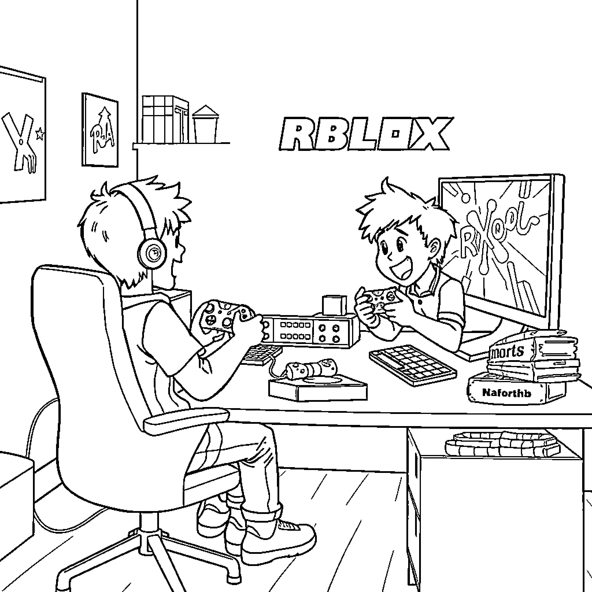 Kid playing Roblox game on computer Coloring Page (free black-and-white line drawing printable PDF for all, from beginners to advanced learners, including children, teens, adults, and seniors)