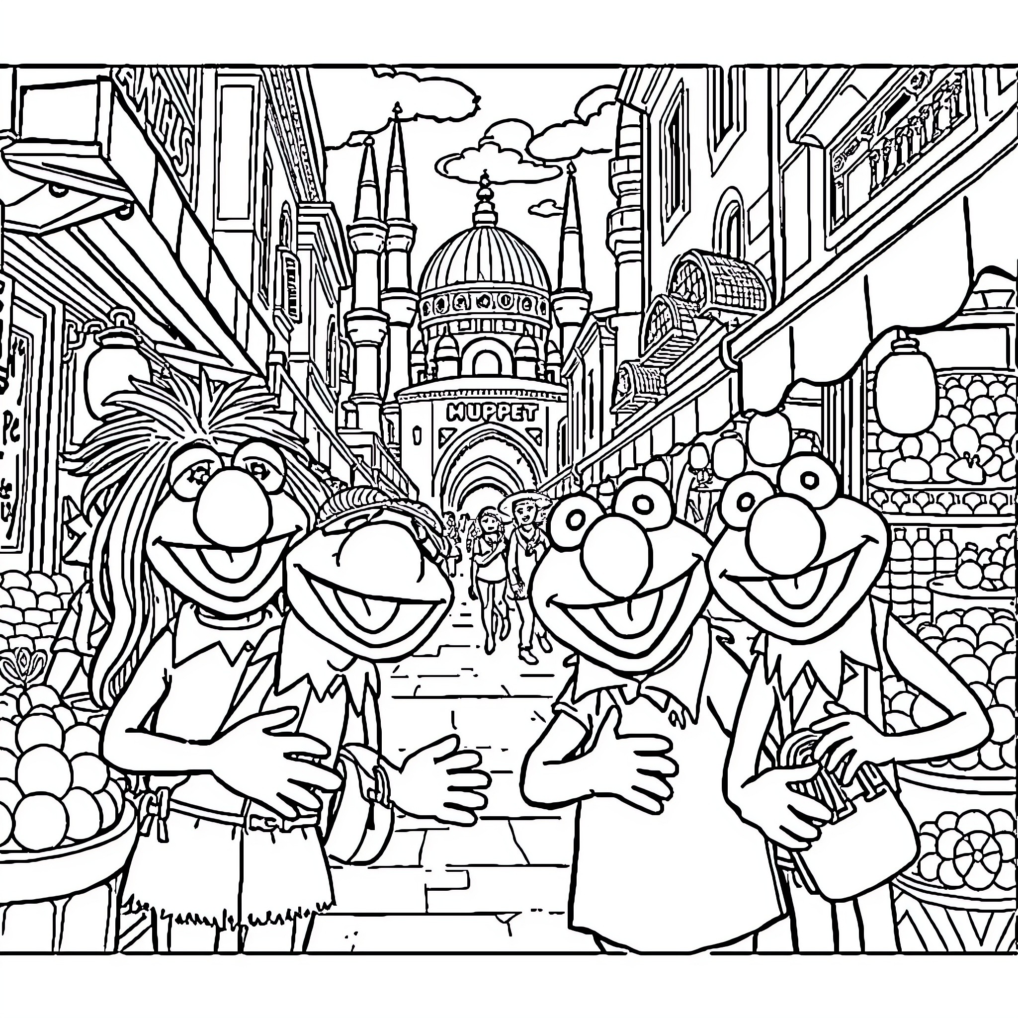 Muppet characters exploring a fantastical cityscape Coloring Page (free black-and-white line drawing printable PDF for all, from beginners to advanced learners, including children, teens, adults, and seniors)