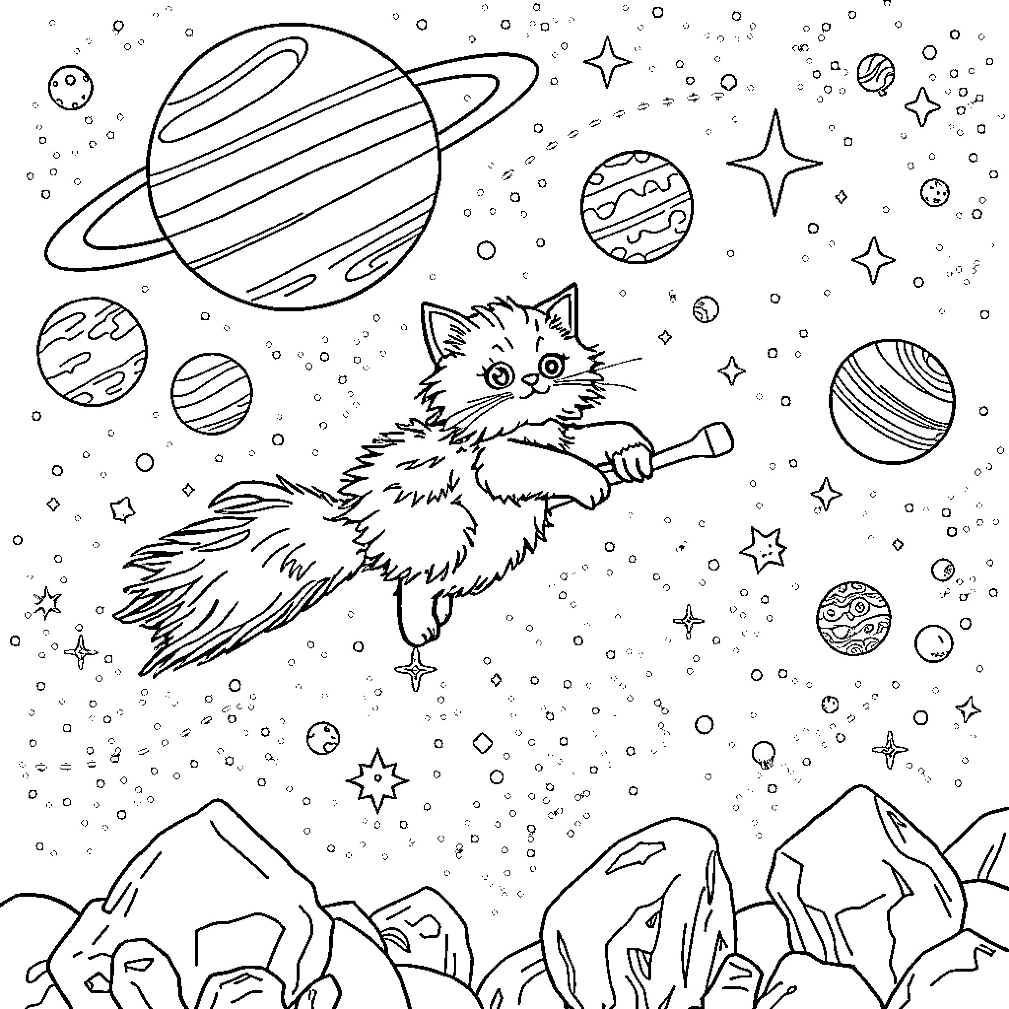 Cat flying through the cosmic space Coloring Page (free black-and-white line drawing printable PDF for all, from beginners to advanced learners, including children, teens, adults, and seniors)