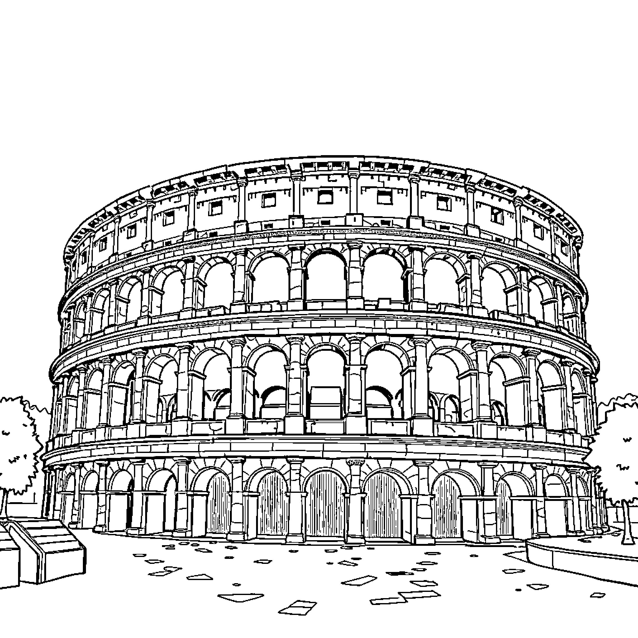 Colosseum architectural masterpiece in ancient Roman style Coloring Page (free black-and-white line drawing printable PDF for all, from beginners to advanced learners, including children, teens, adults, and seniors)