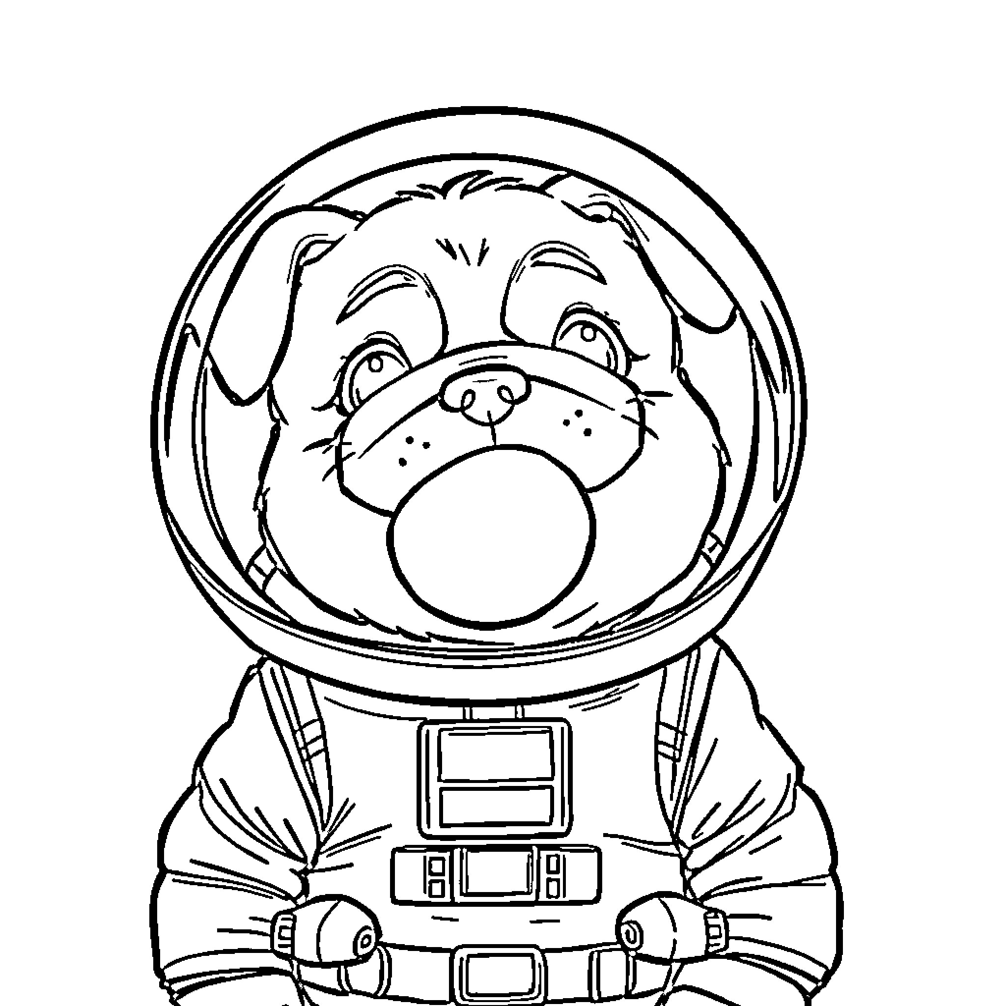 Dog Astronaut in Spacesuit Coloring Page (free black-and-white line drawing printable PDF for all, from beginners to advanced learners, including children, teens, adults, and seniors)