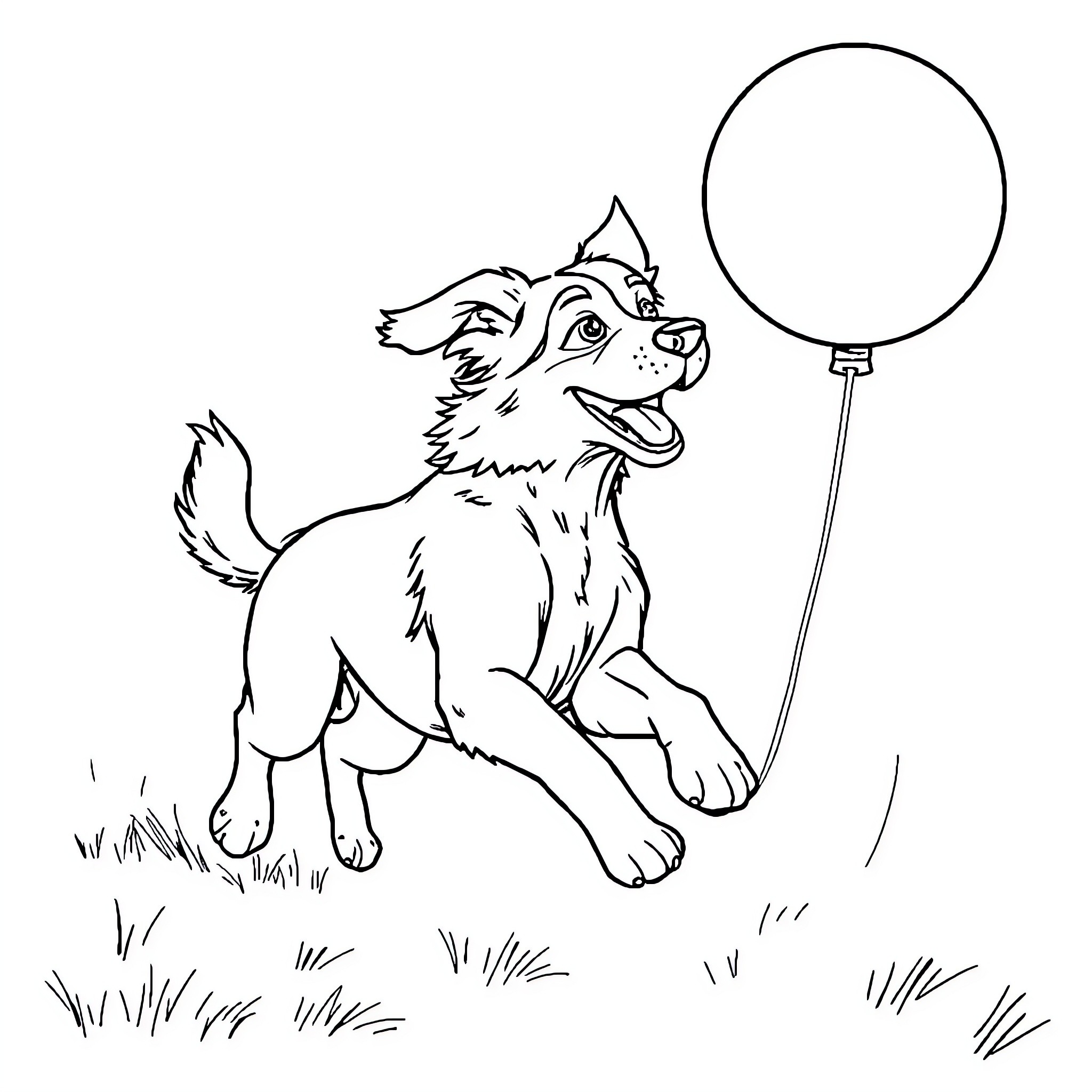 Dog playing with balloon on grassy field Coloring Page (free black-and-white line drawing printable PDF for all, from beginners to advanced learners, including children, teens, adults, and seniors)