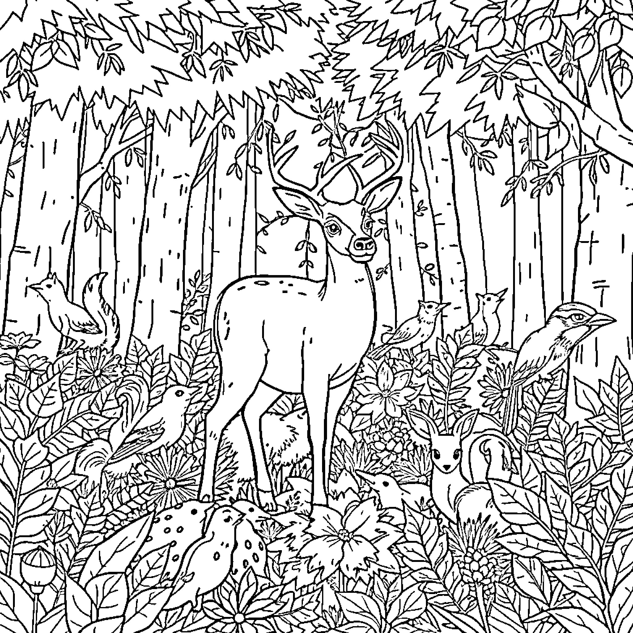 Animal deer in forest with flowers and wildlife Coloring Page (free black-and-white line drawing printable PDF for all, from beginners to advanced learners, including children, teens, adults, and seniors)