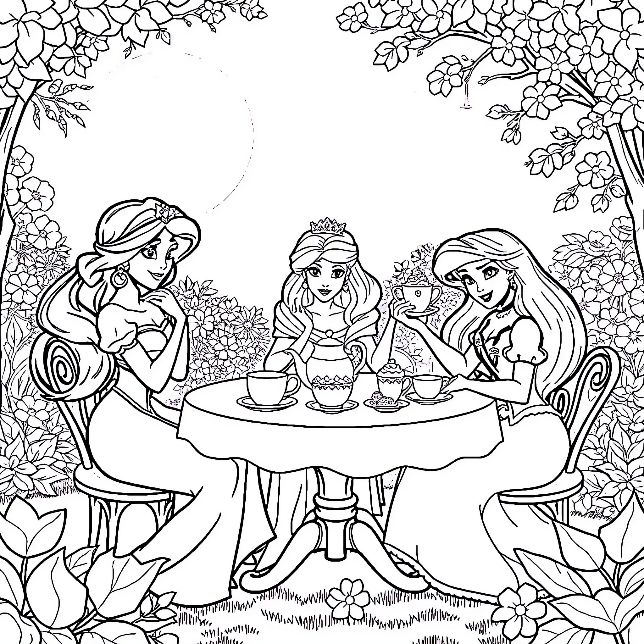 Princess Tea Party in the Garden Coloring Page (free black-and-white line drawing printable PDF for all, from beginners to advanced learners, including children, teens, adults, and seniors)