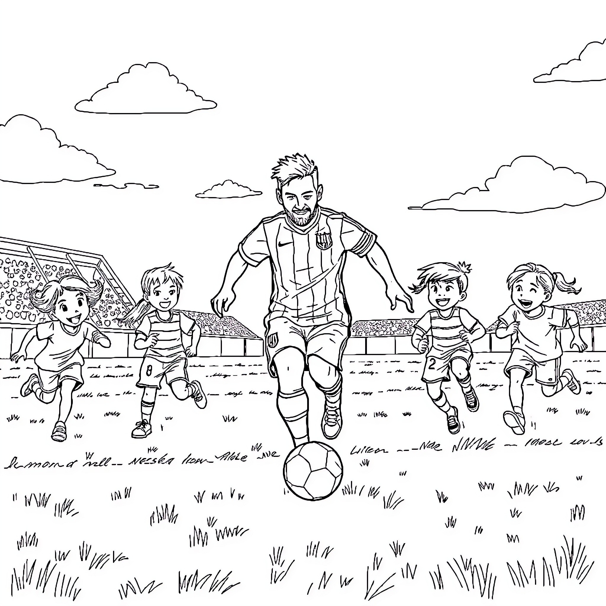 Messi playing soccer with children on the field Coloring Page (free black-and-white line drawing printable PDF for all, from beginners to advanced learners, including children, teens, adults, and seniors)