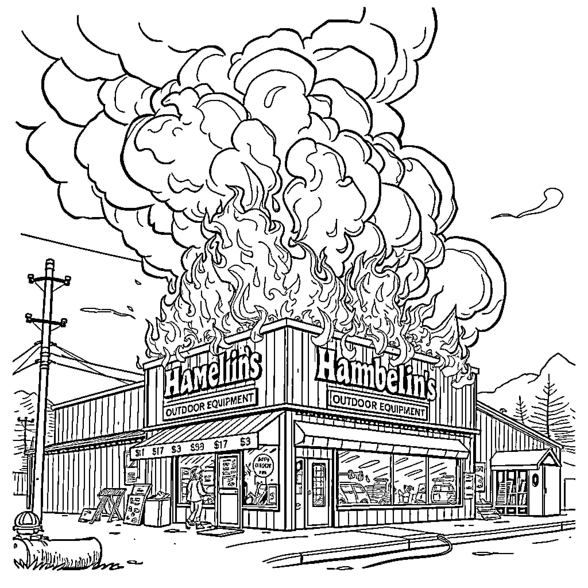 Building with flames and outdoor equipment Coloring Page (free black-and-white line drawing printable PDF for all, from beginners to advanced learners, including children, teens, adults, and seniors)