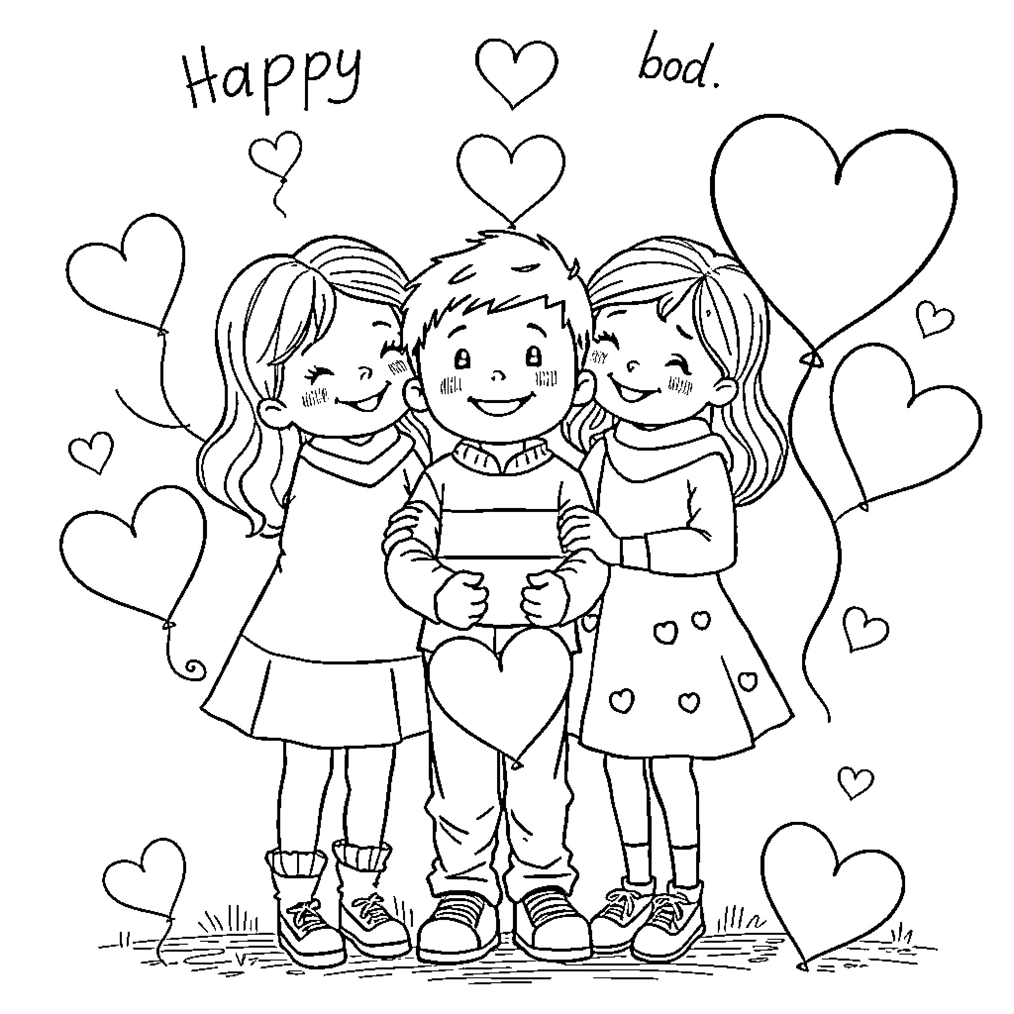Child friends sharing happiness and affection Coloring Page (free black-and-white line drawing printable PDF for all, from beginners to advanced learners, including children, teens, adults, and seniors)