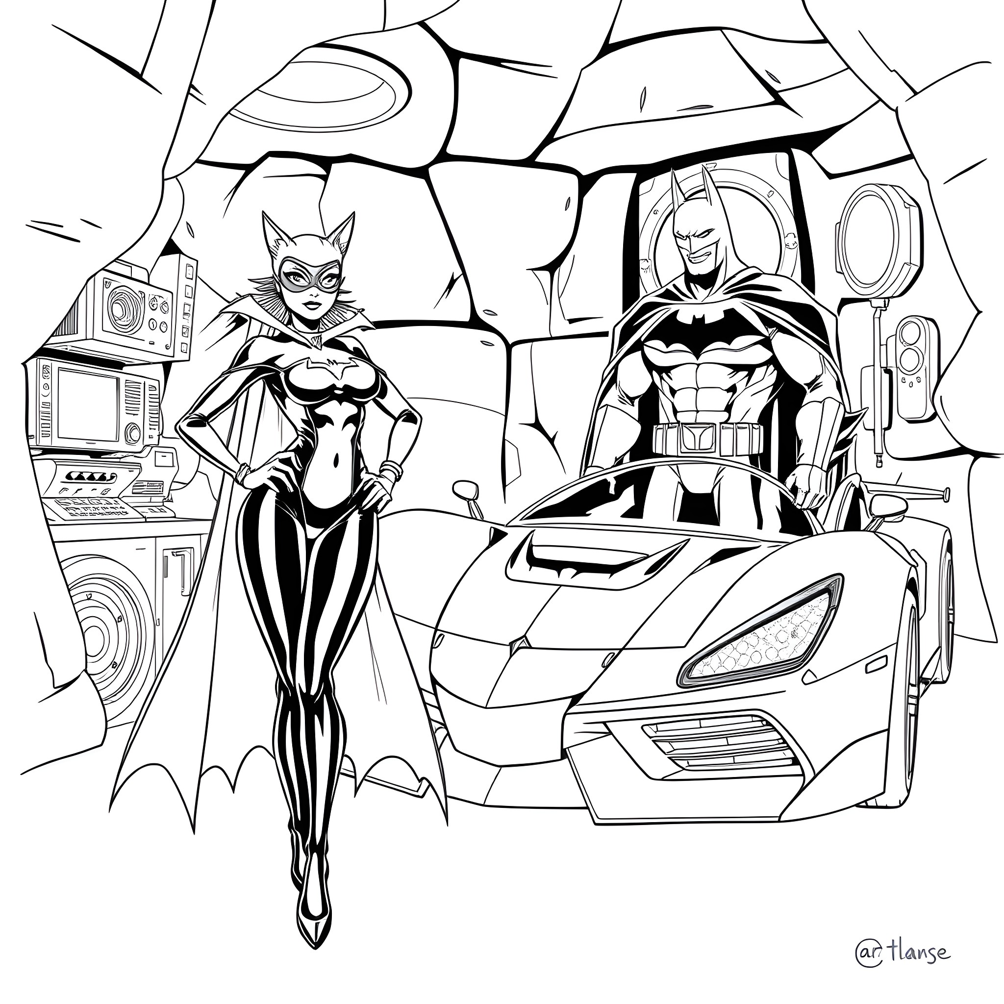 Catwoman and Batman in Action Coloring Page (free black-and-white line drawing printable PDF for all, from beginners to advanced learners, including children, teens, adults, and seniors)