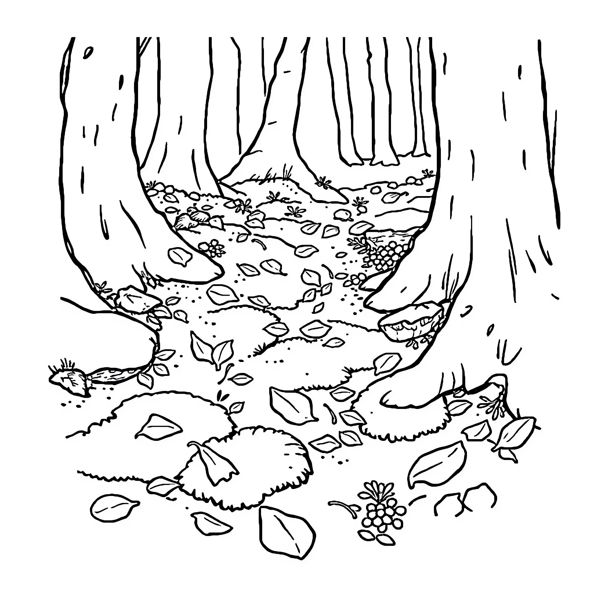 Forest Floor Teeming with Nature's Bounty Coloring Page (free black-and-white line drawing printable PDF for all, from beginners to advanced learners, including children, teens, adults, and seniors)