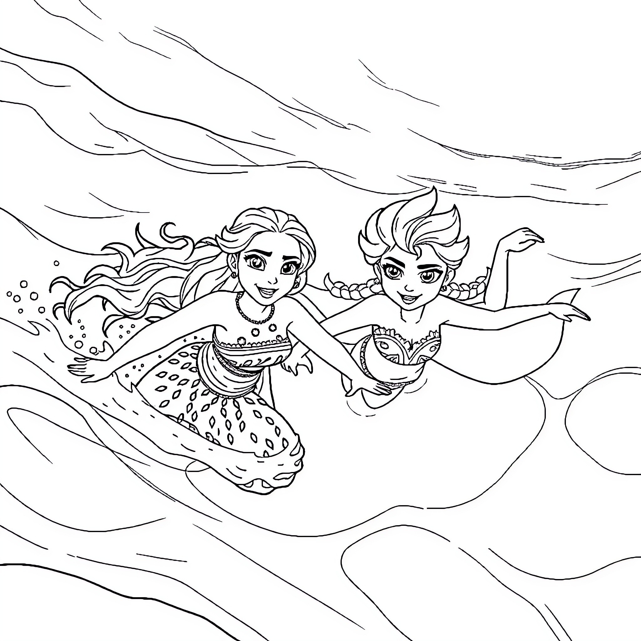 Moana and Elsa swimming together in the ocean Coloring Page (free black-and-white line drawing printable PDF for all, from beginners to advanced learners, including children, teens, adults, and seniors)