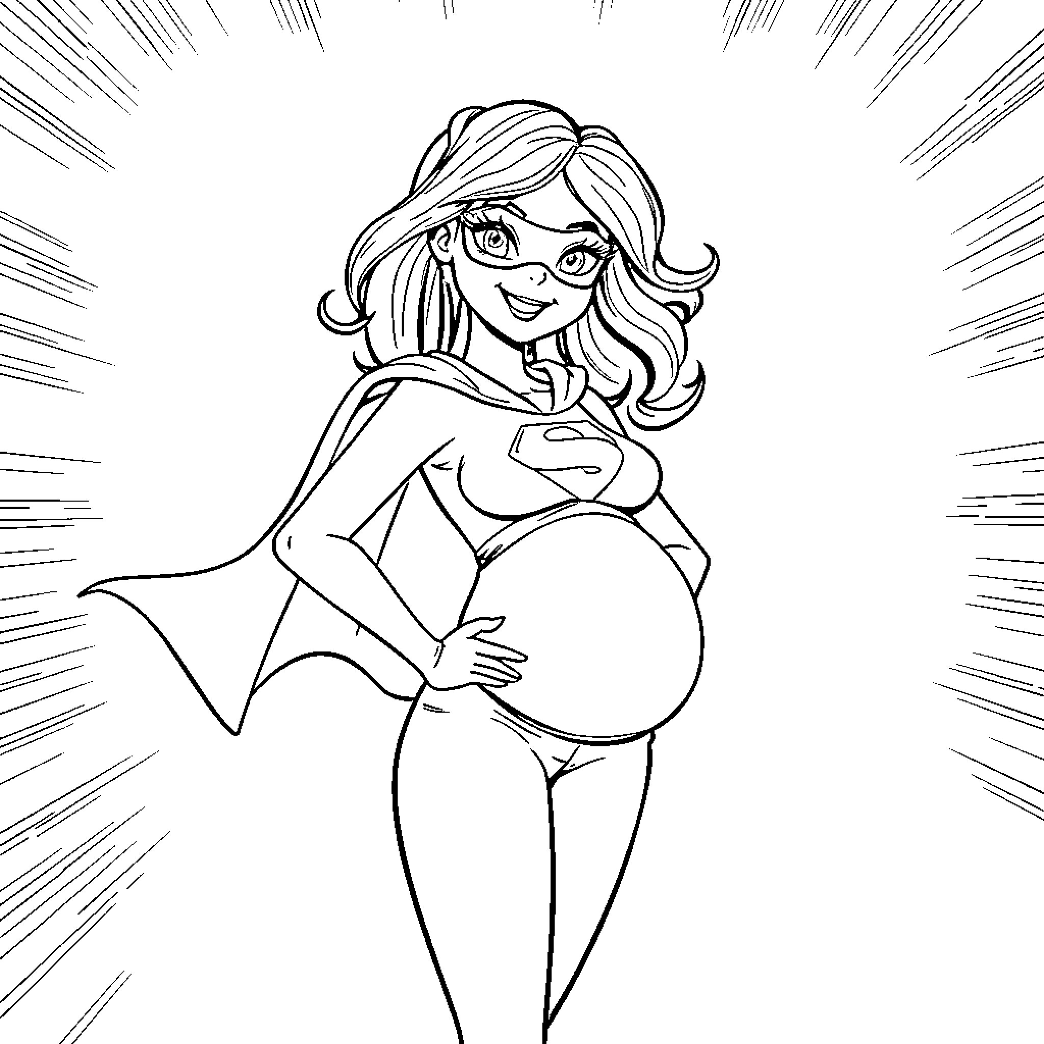 Super Girl in Heroic Pose Coloring Page (free black-and-white line drawing printable PDF for all, from beginners to advanced learners, including children, teens, adults, and seniors)