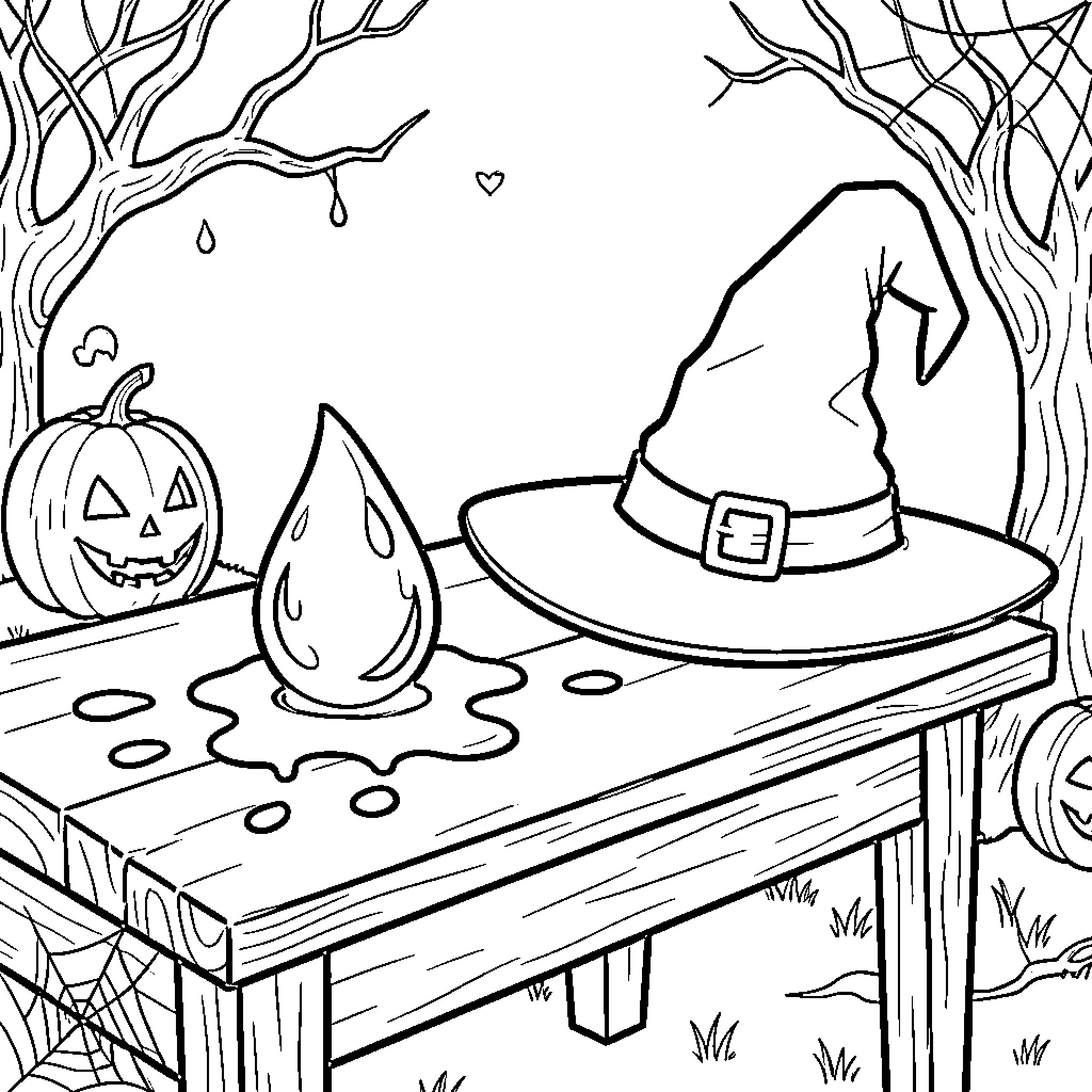 Blood moon theme with pumpkin and witch hat Coloring Page (free black-and-white line drawing printable PDF for all, from beginners to advanced learners, including children, teens, adults, and seniors)