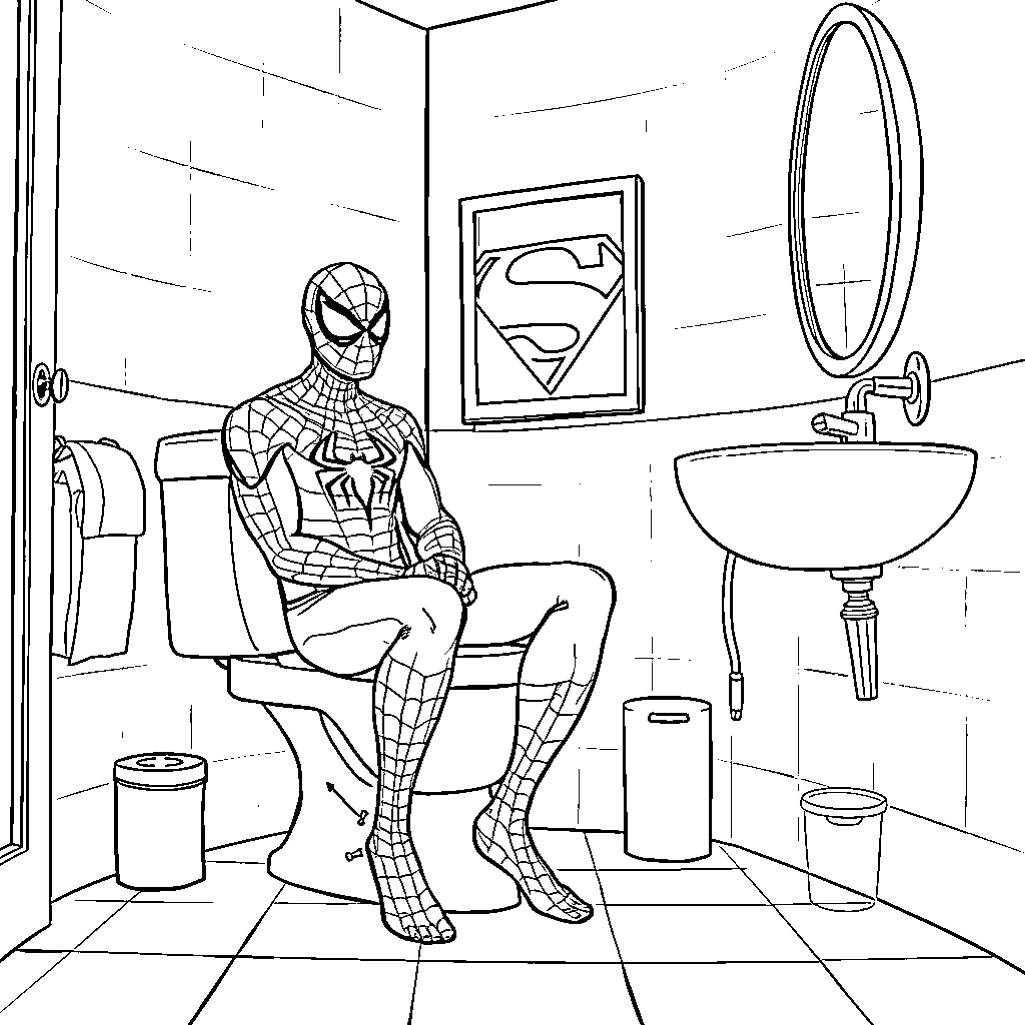 Spiderman relaxing in the bathroom Coloring Page (free black-and-white line drawing printable PDF for all, from beginners to advanced learners, including children, teens, adults, and seniors)