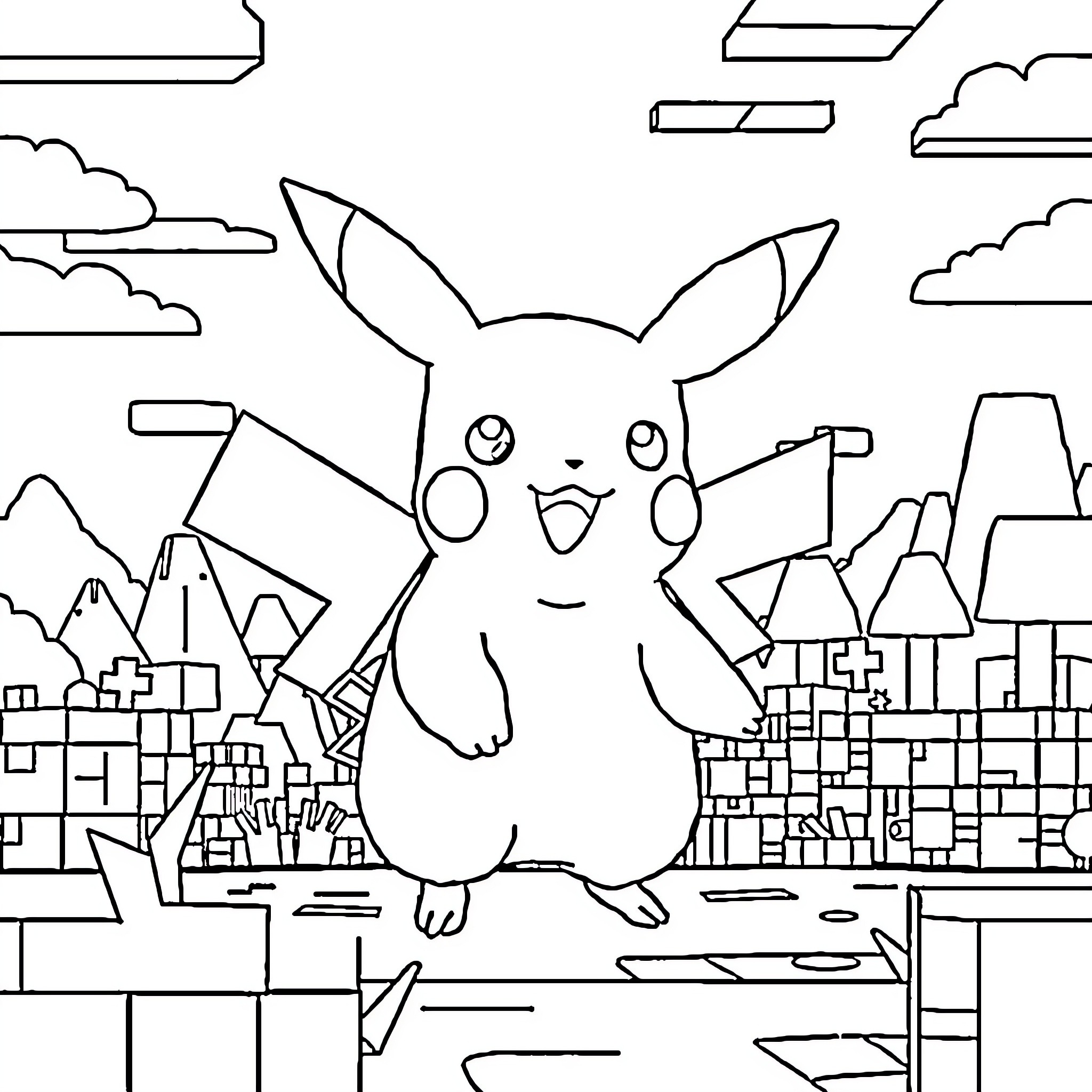 Pikachu enjoying the city landscape Coloring Page (free black-and-white line drawing printable PDF for all, from beginners to advanced learners, including children, teens, adults, and seniors)