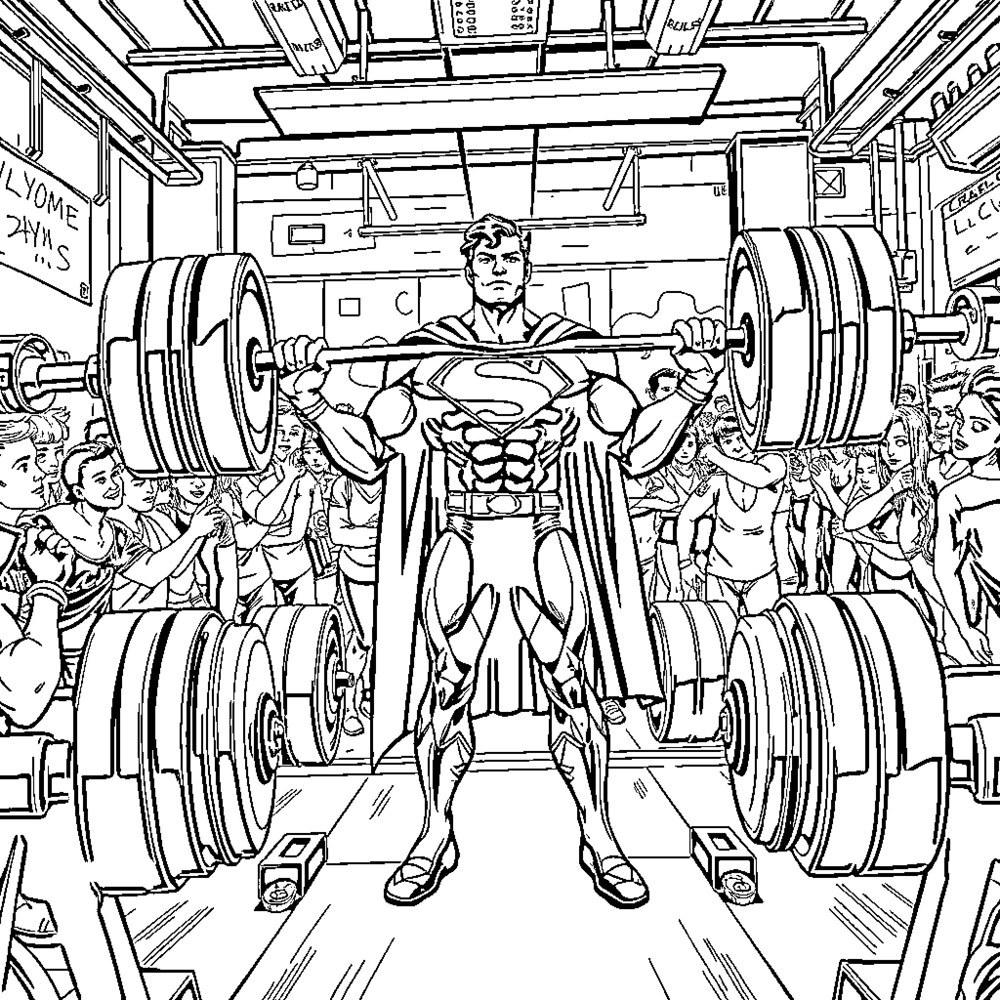 Superman lifting heavy weights in a gym setting Coloring Page (free black-and-white line drawing printable PDF for all, from beginners to advanced learners, including children, teens, adults, and seniors)