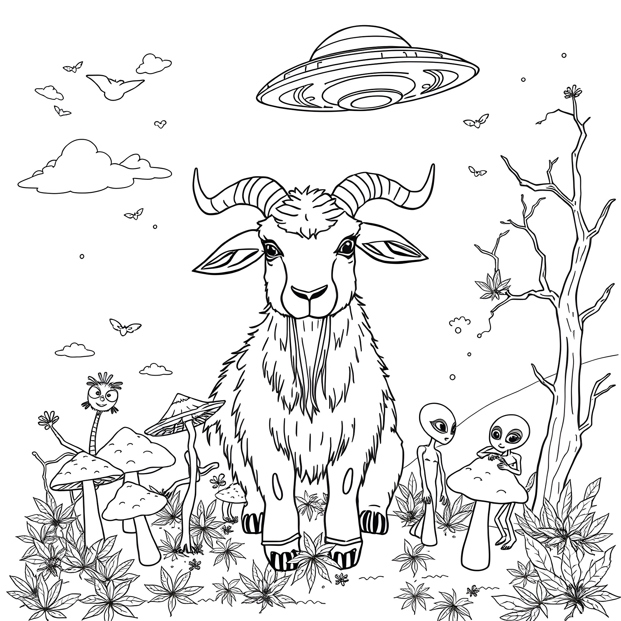 Goat exploring the mystical alien landscape Coloring Page (free black-and-white line drawing printable PDF for all, from beginners to advanced learners, including children, teens, adults, and seniors)