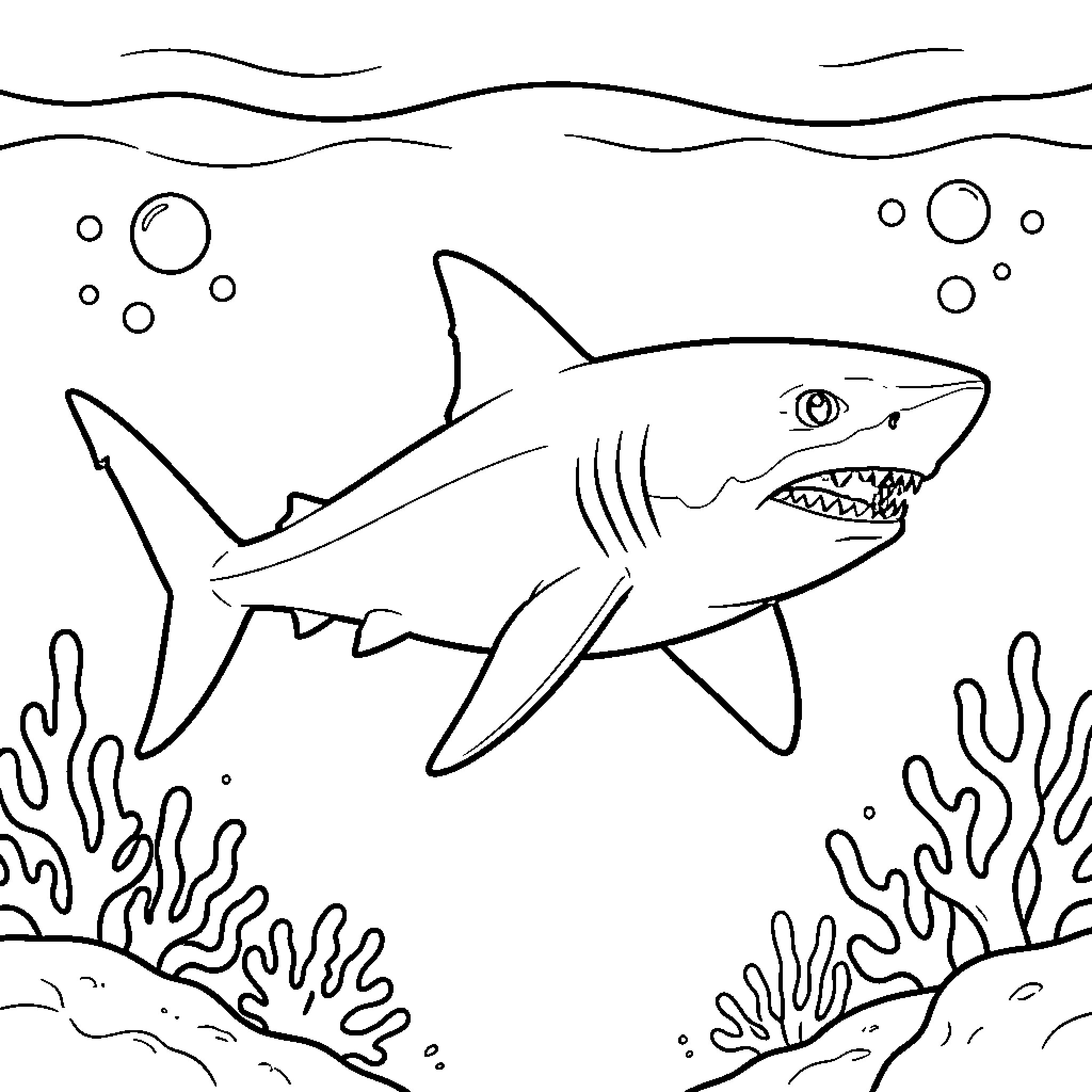 Shark swimming through an ocean with coral reefs Coloring Page (free black-and-white line drawing printable PDF for all, from beginners to advanced learners, including children, teens, adults, and seniors)