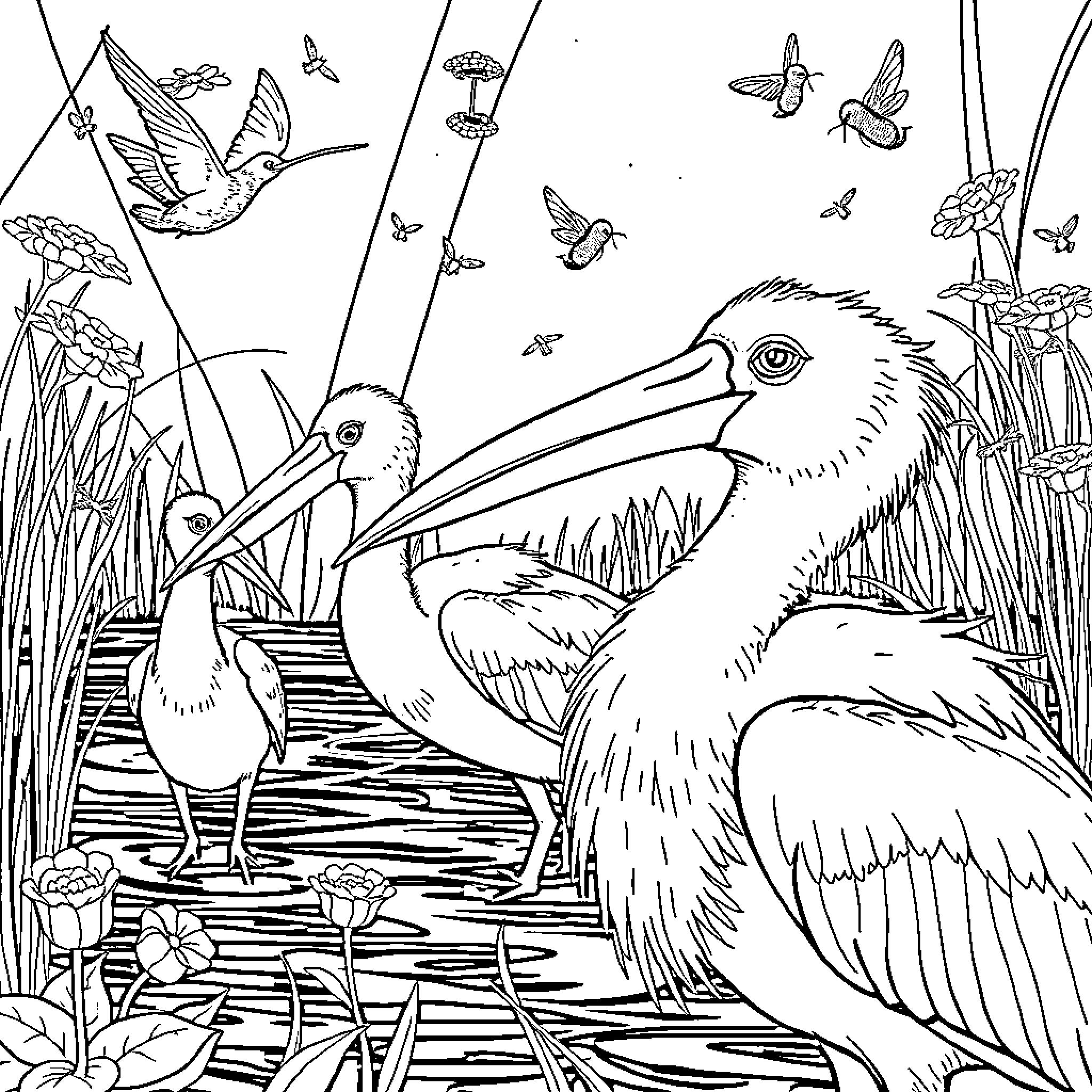 Bird in nature with butterflies and plants Coloring Page (free black-and-white line drawing printable PDF for all, from beginners to advanced learners, including children, teens, adults, and seniors)