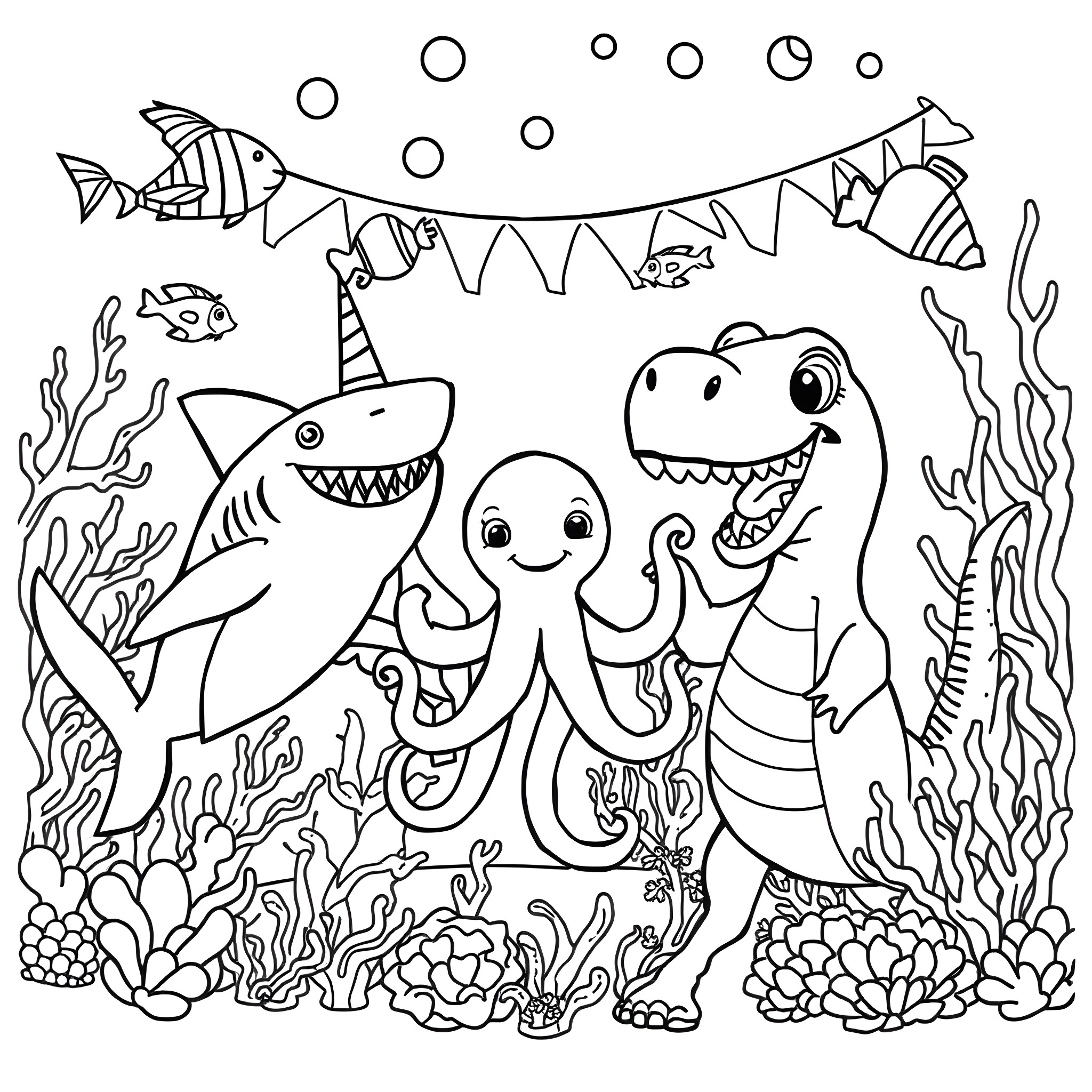 Shark, octopus, and dinosaur playing happily in the underwater scene Coloring Page (free black-and-white line drawing printable PDF for all, from beginners to advanced learners, including children, teens, adults, and seniors)