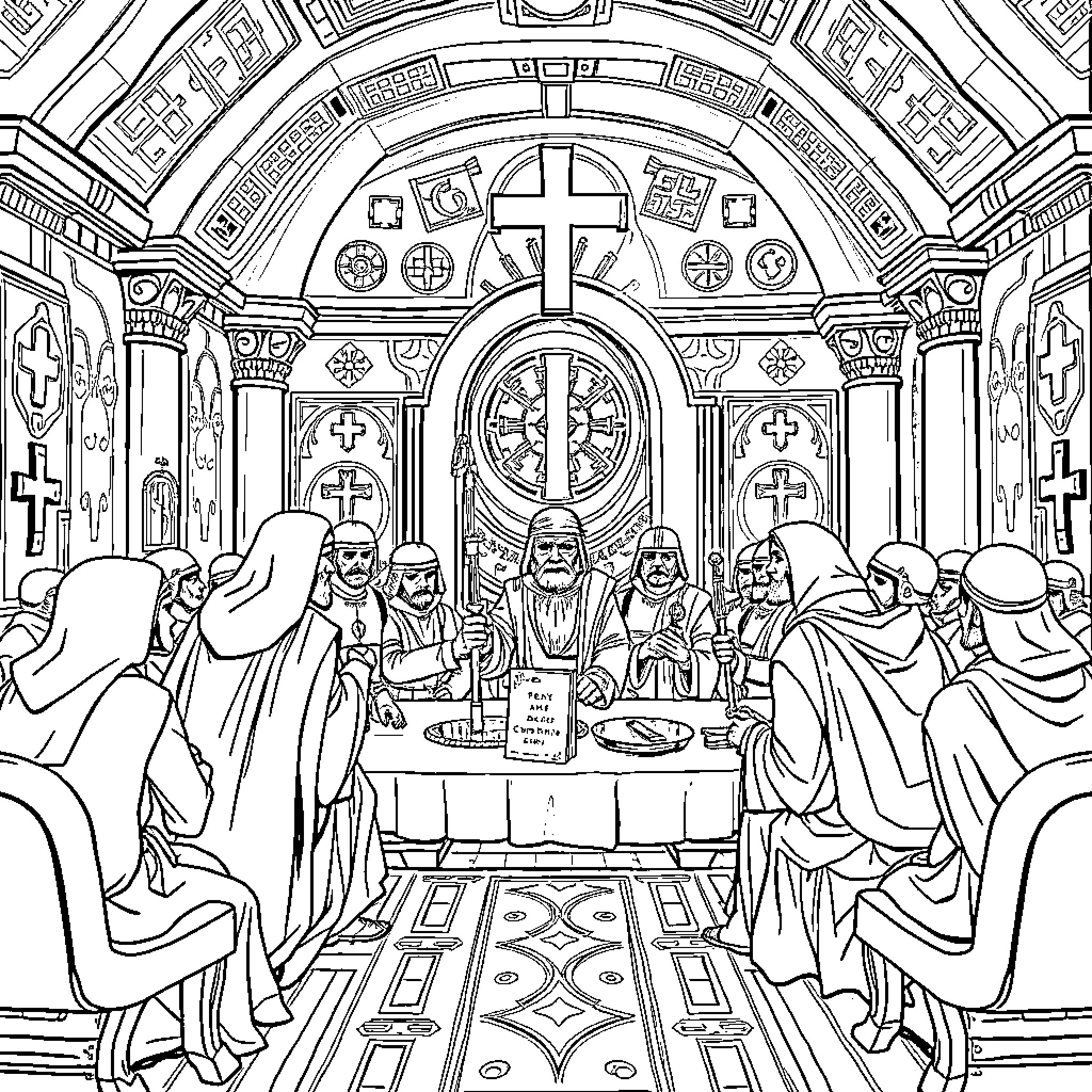 Explorers engaged in religious ritual in ornate church Coloring Page (free black-and-white line drawing printable PDF for all, from beginners to advanced learners, including children, teens, adults, and seniors)
