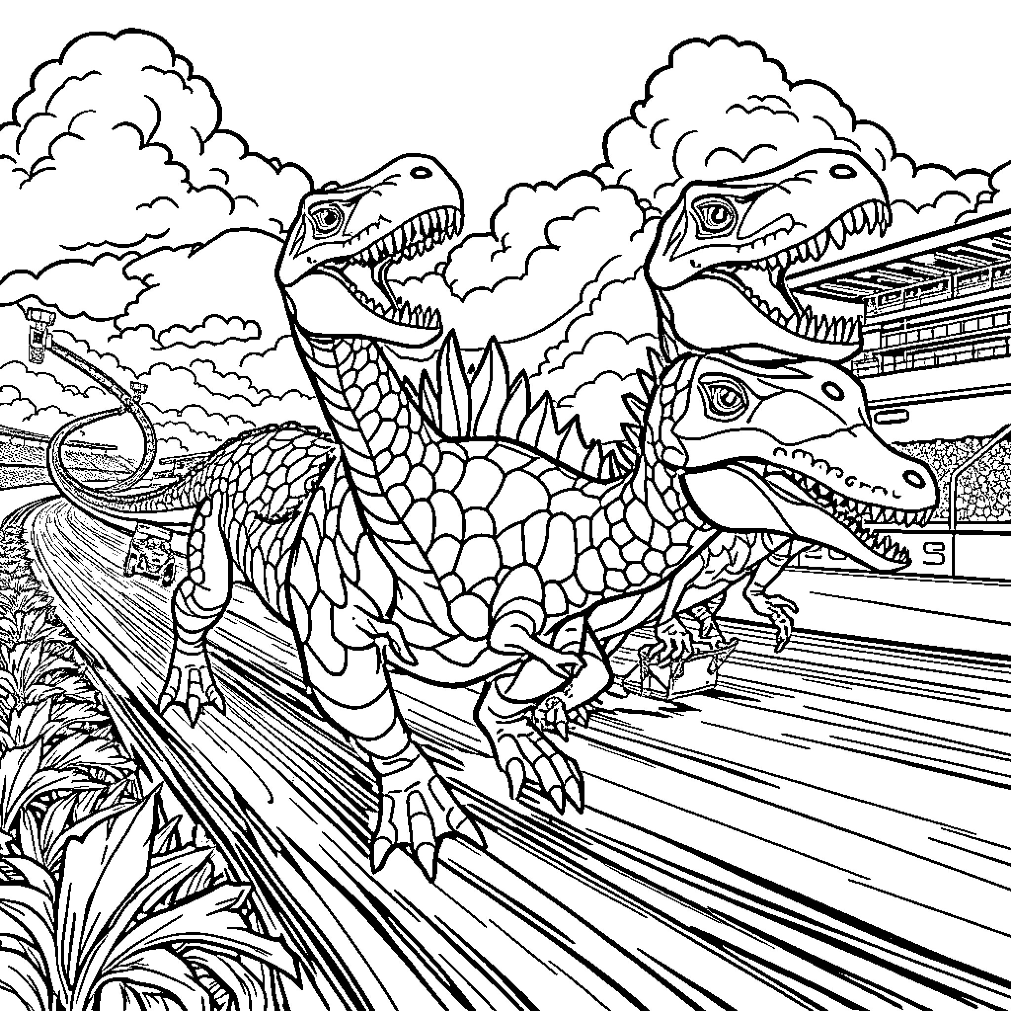 Dinosaur stampede through the cityscape Coloring Page (free black-and-white line drawing printable PDF for all, from beginners to advanced learners, including children, teens, adults, and seniors)