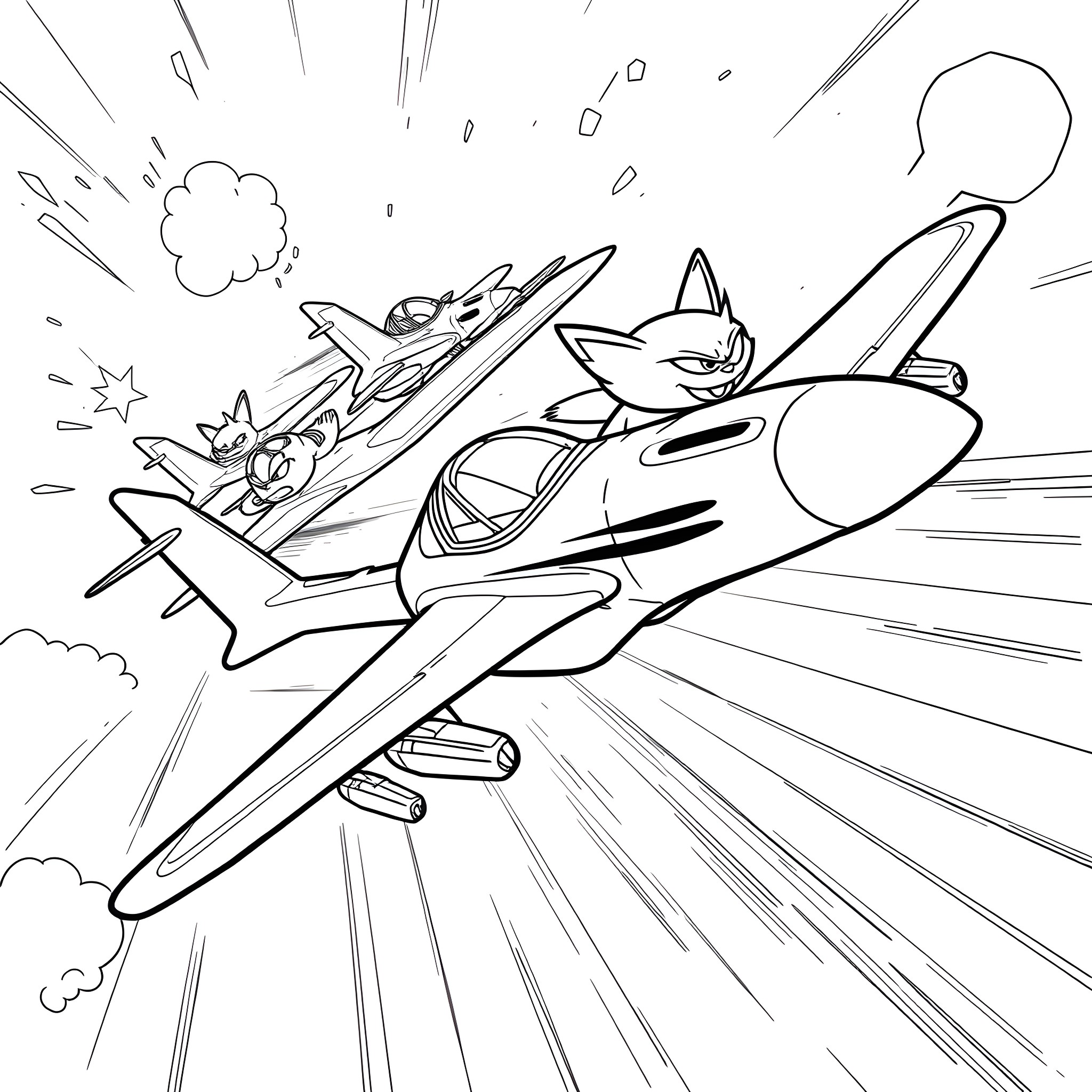 Swat Katz in high-speed aerial maneuvers Coloring Page (free black-and-white line drawing printable PDF for all, from beginners to advanced learners, including children, teens, adults, and seniors)