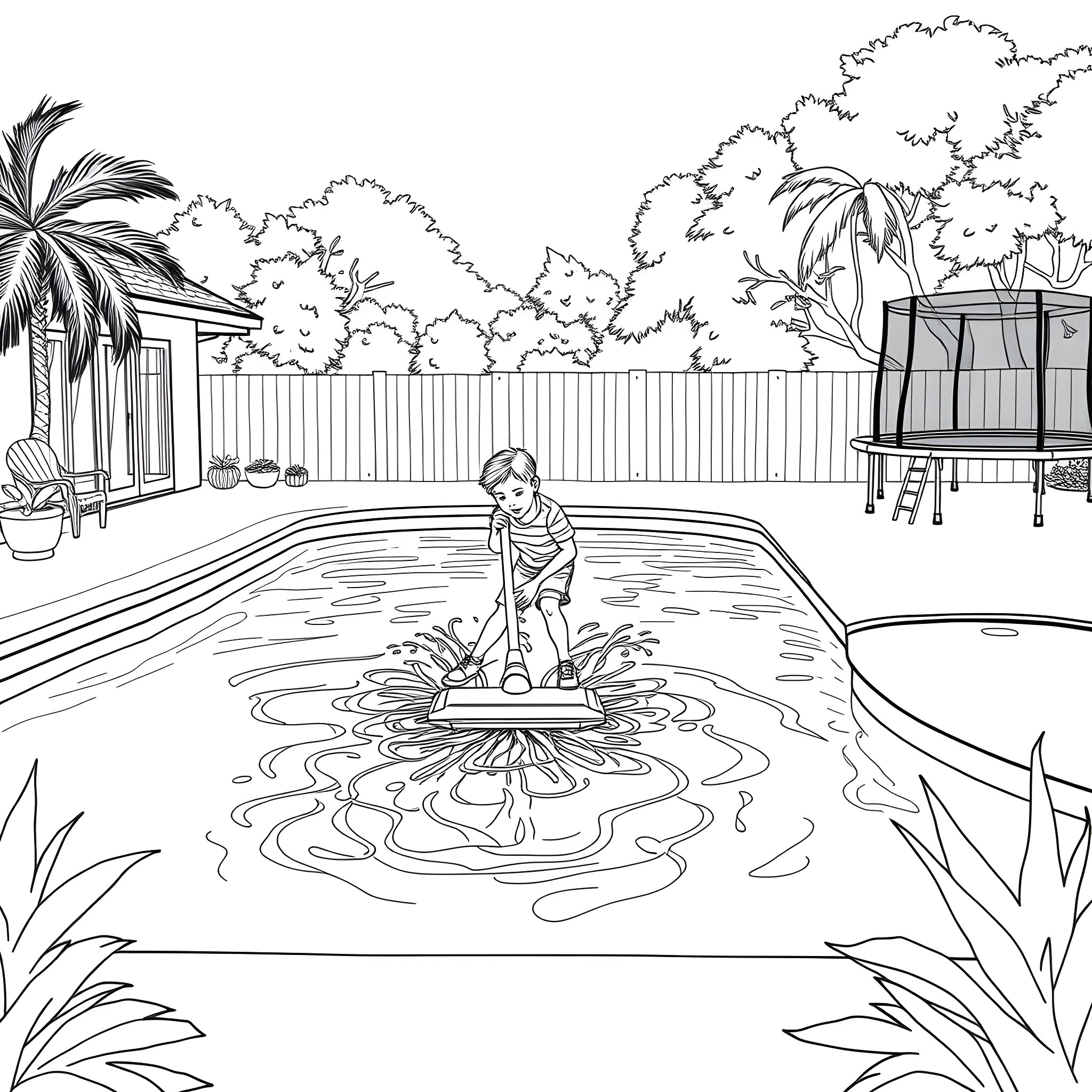 Teen Guy Splashing in the Backyard Pool Coloring Page (free black-and-white line drawing printable PDF for all, from beginners to advanced learners, including children, teens, adults, and seniors)