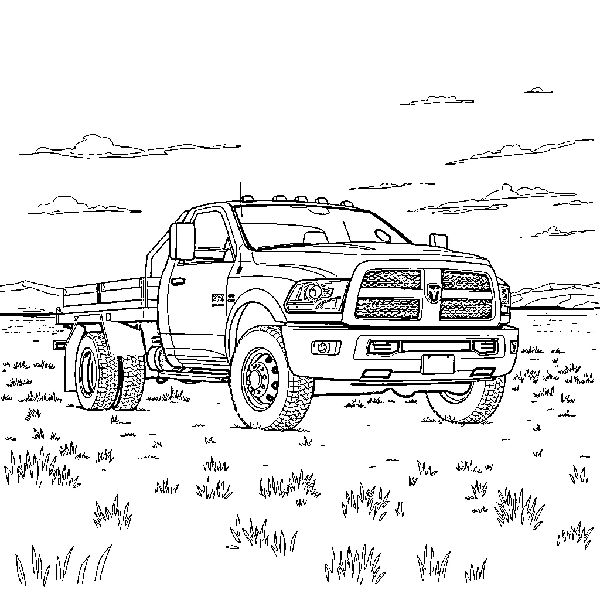 Dodge Truck hauling cargo in rural landscape Coloring Page (free black-and-white line drawing printable PDF for all, from beginners to advanced learners, including children, teens, adults, and seniors)