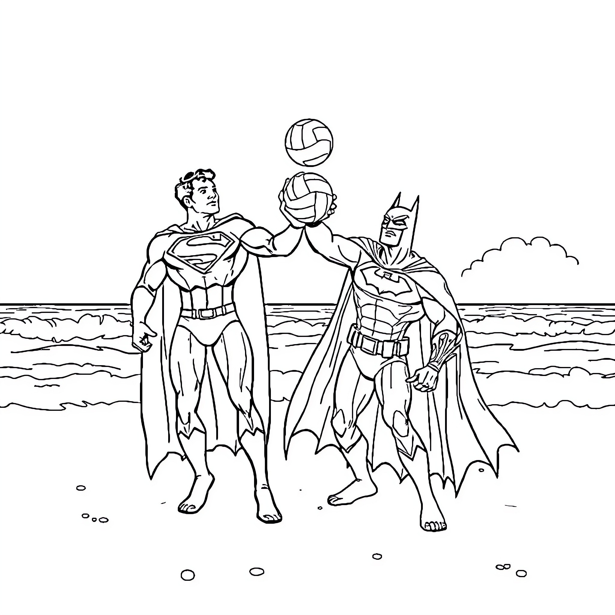 Superman and Batman playing beach volleyball Coloring Page (free black-and-white line drawing printable PDF for all, from beginners to advanced learners, including children, teens, adults, and seniors)