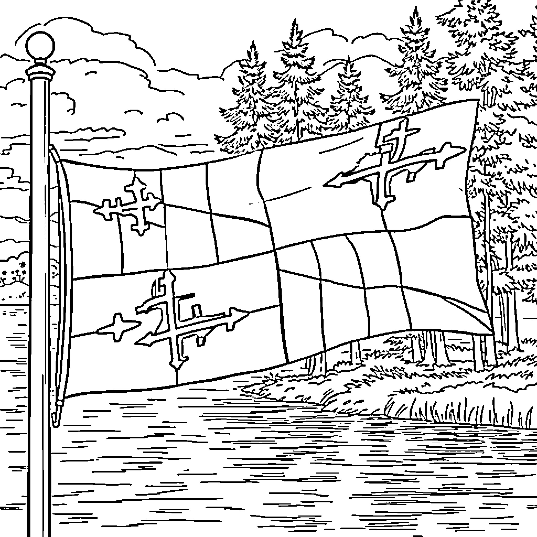 Maryland Flag Landmarks and Landscape Coloring Page (free black-and-white line drawing printable PDF for all, from beginners to advanced learners, including children, teens, adults, and seniors)