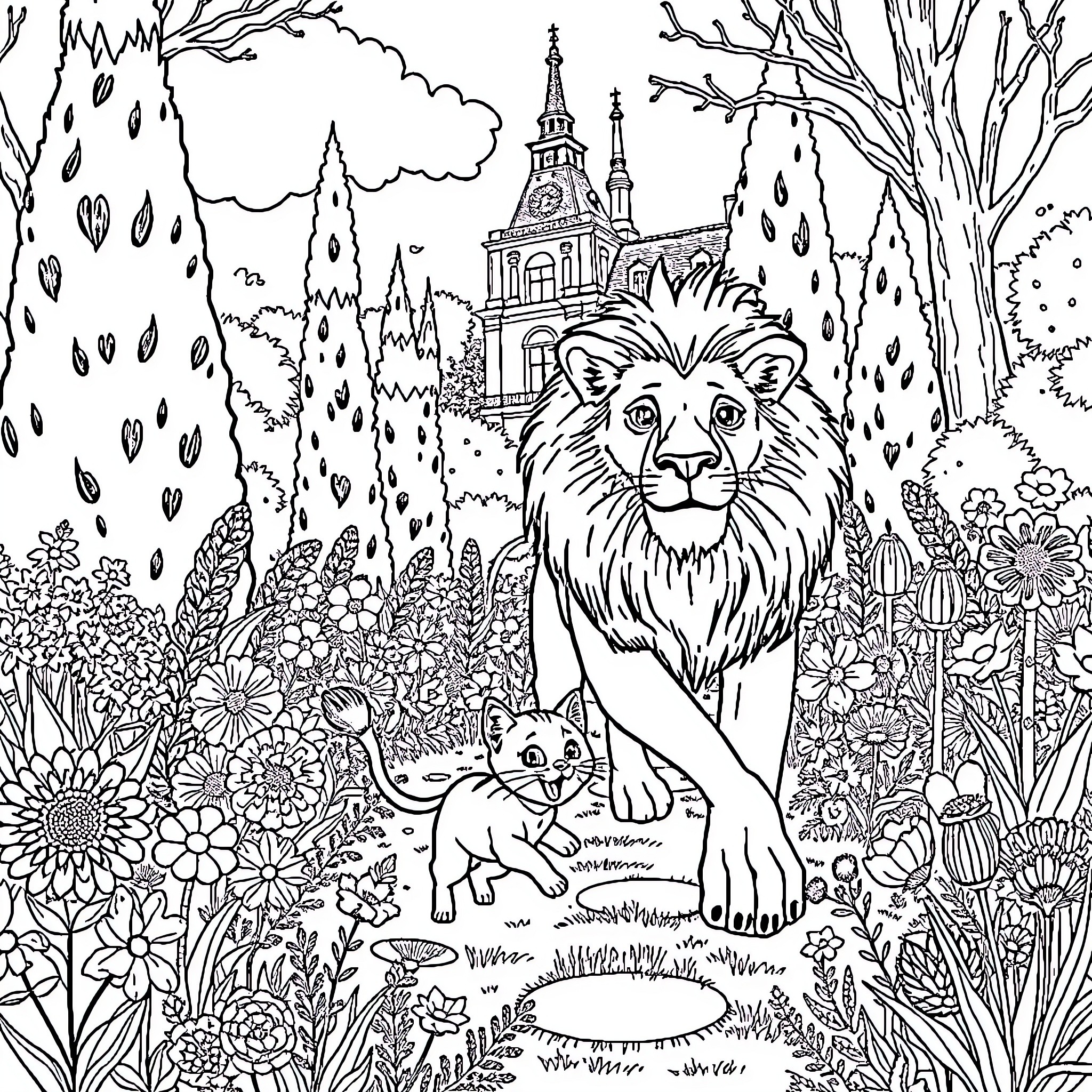 Cat Exploring a Fantastical Garden Scene Coloring Page (free black-and-white line drawing printable PDF for all, from beginners to advanced learners, including children, teens, adults, and seniors)