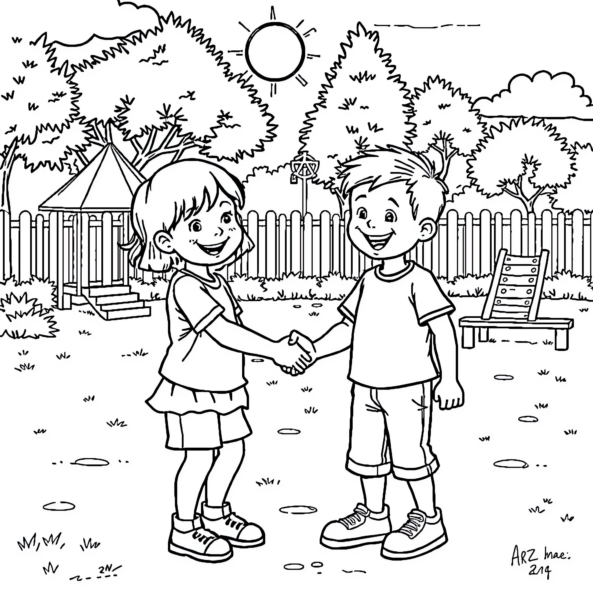 Child friends playing and smiling in the yard Coloring Page (free black-and-white line drawing printable PDF for all, from beginners to advanced learners, including children, teens, adults, and seniors)