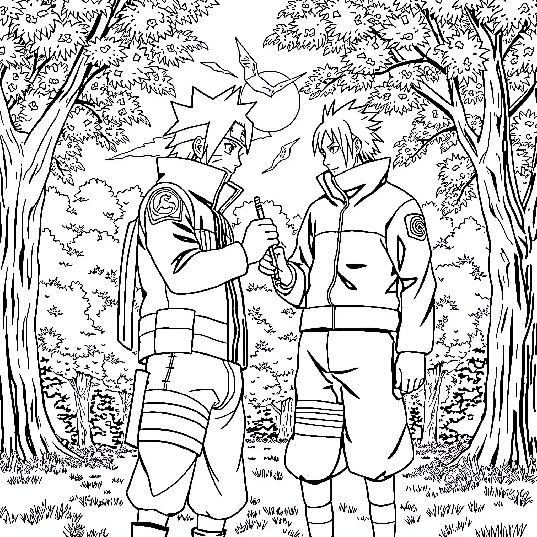 Naruto characters in the forest Coloring Page (free black-and-white line drawing printable PDF for all, from beginners to advanced learners, including children, teens, adults, and seniors)