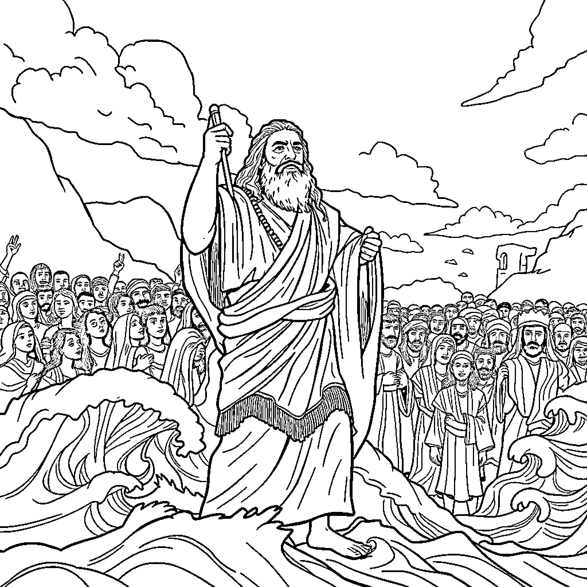 Moses leading the Israelites through the parted sea Coloring Page (free black-and-white line drawing printable PDF for all, from beginners to advanced learners, including children, teens, adults, and seniors)