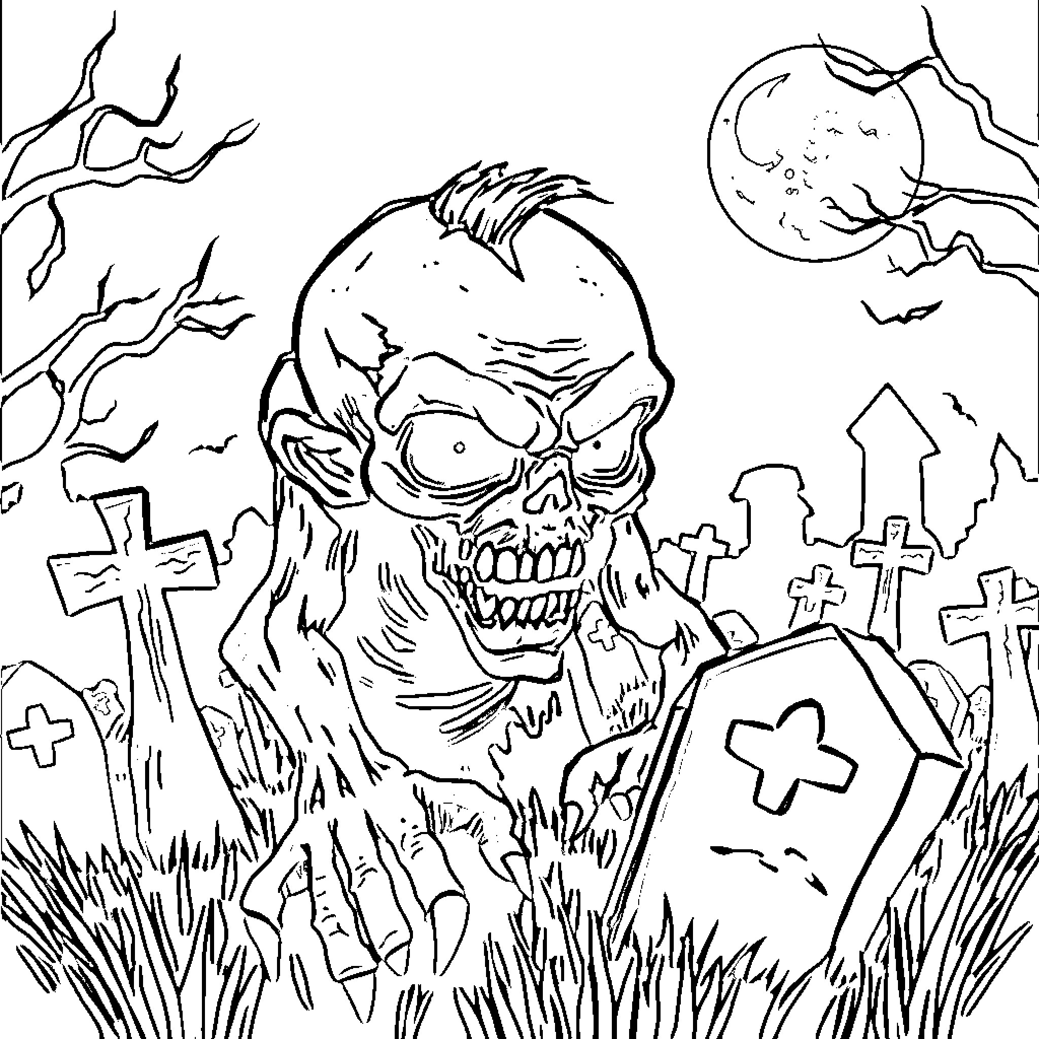 Zombie emerging from the graveyard under a haunting moon Coloring Page (free black-and-white line drawing printable PDF for all, from beginners to advanced learners, including children, teens, adults, and seniors)
