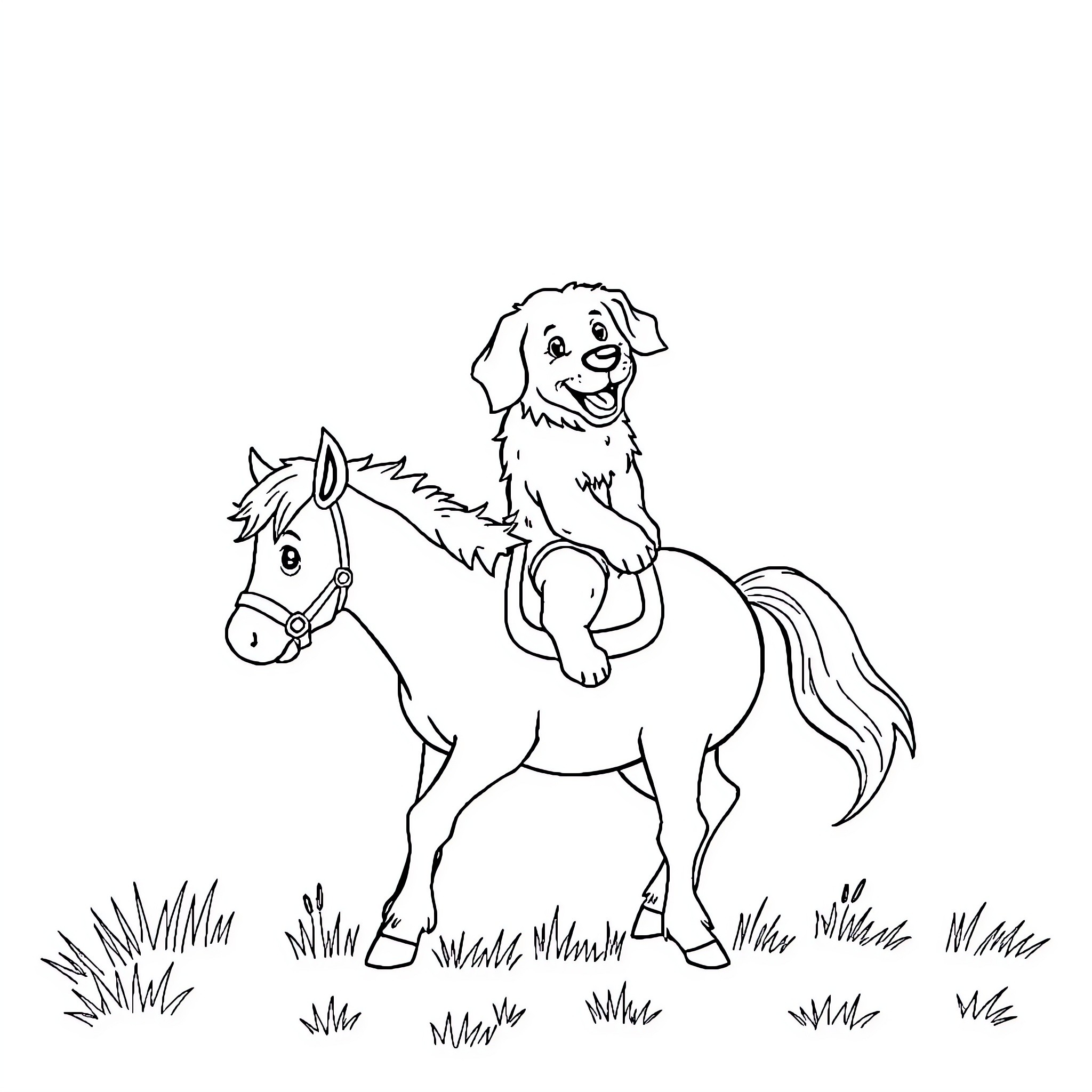 Golden Retriever riding a pony through the meadow Coloring Page (free black-and-white line drawing printable PDF for all, from beginners to advanced learners, including children, teens, adults, and seniors)