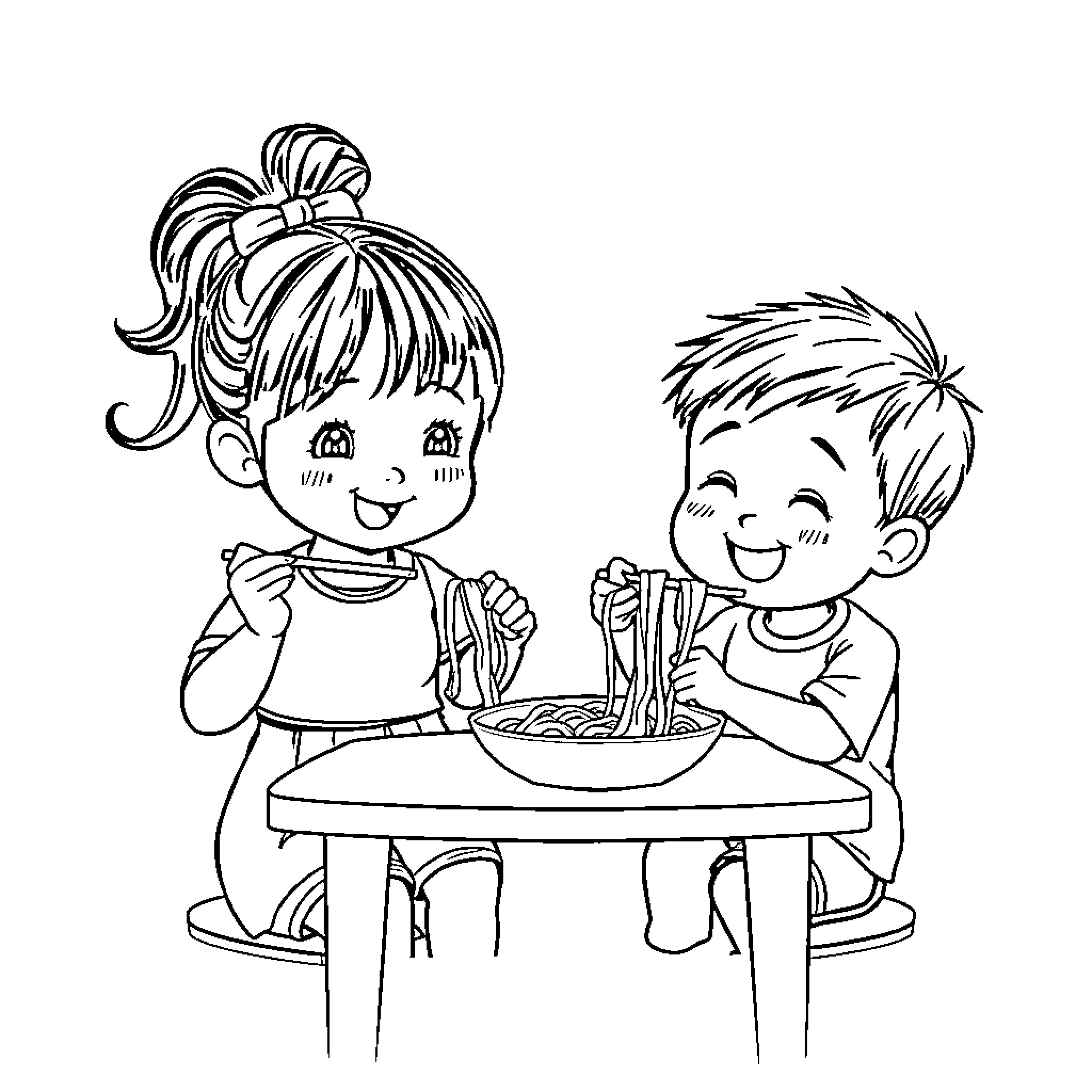 Child siblings enjoying a meal together Coloring Page (free black-and-white line drawing printable PDF for all, from beginners to advanced learners, including children, teens, adults, and seniors)