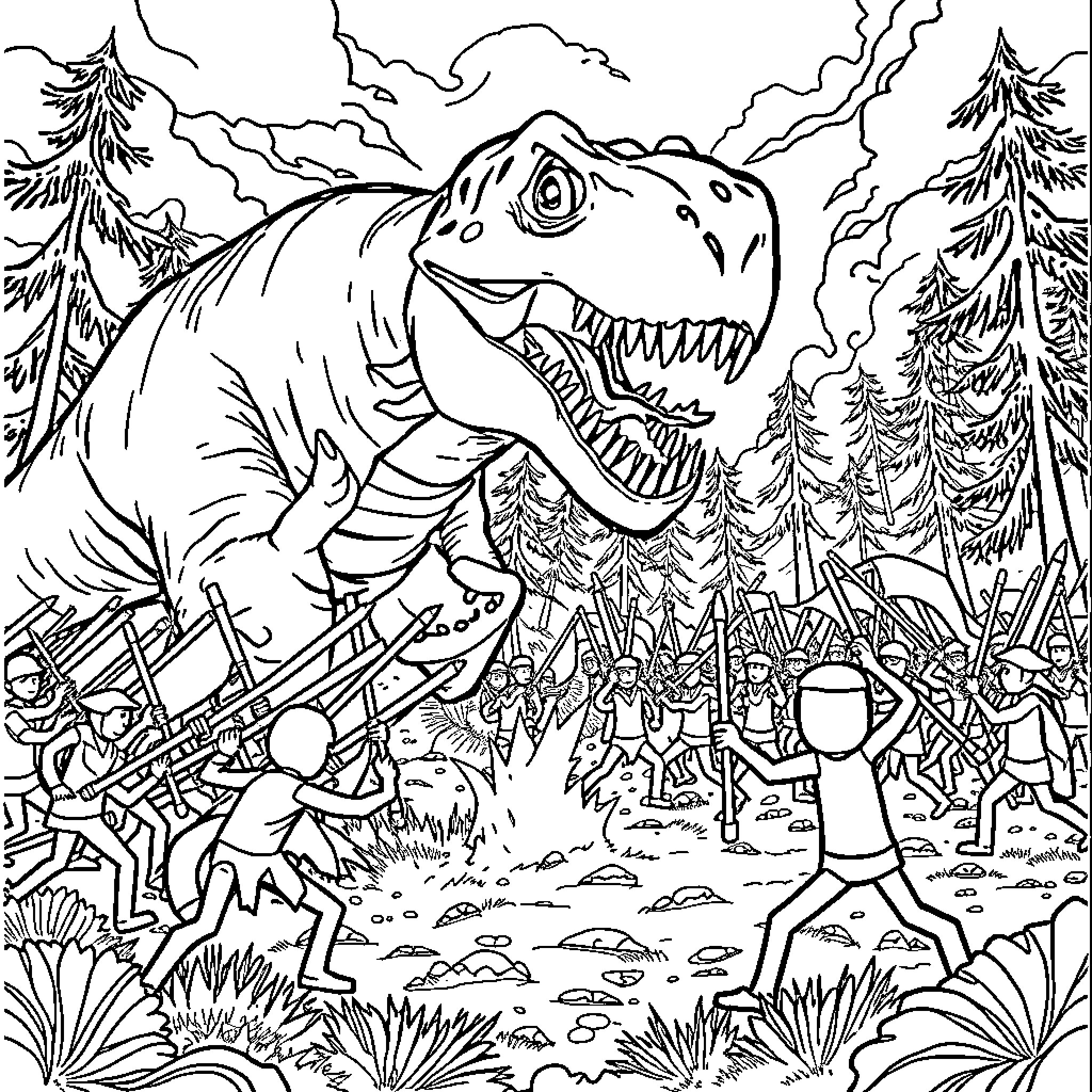 T-Rex roaring menacingly in the prehistoric forest Coloring Page (free black-and-white line drawing printable PDF for all, from beginners to advanced learners, including children, teens, adults, and seniors)