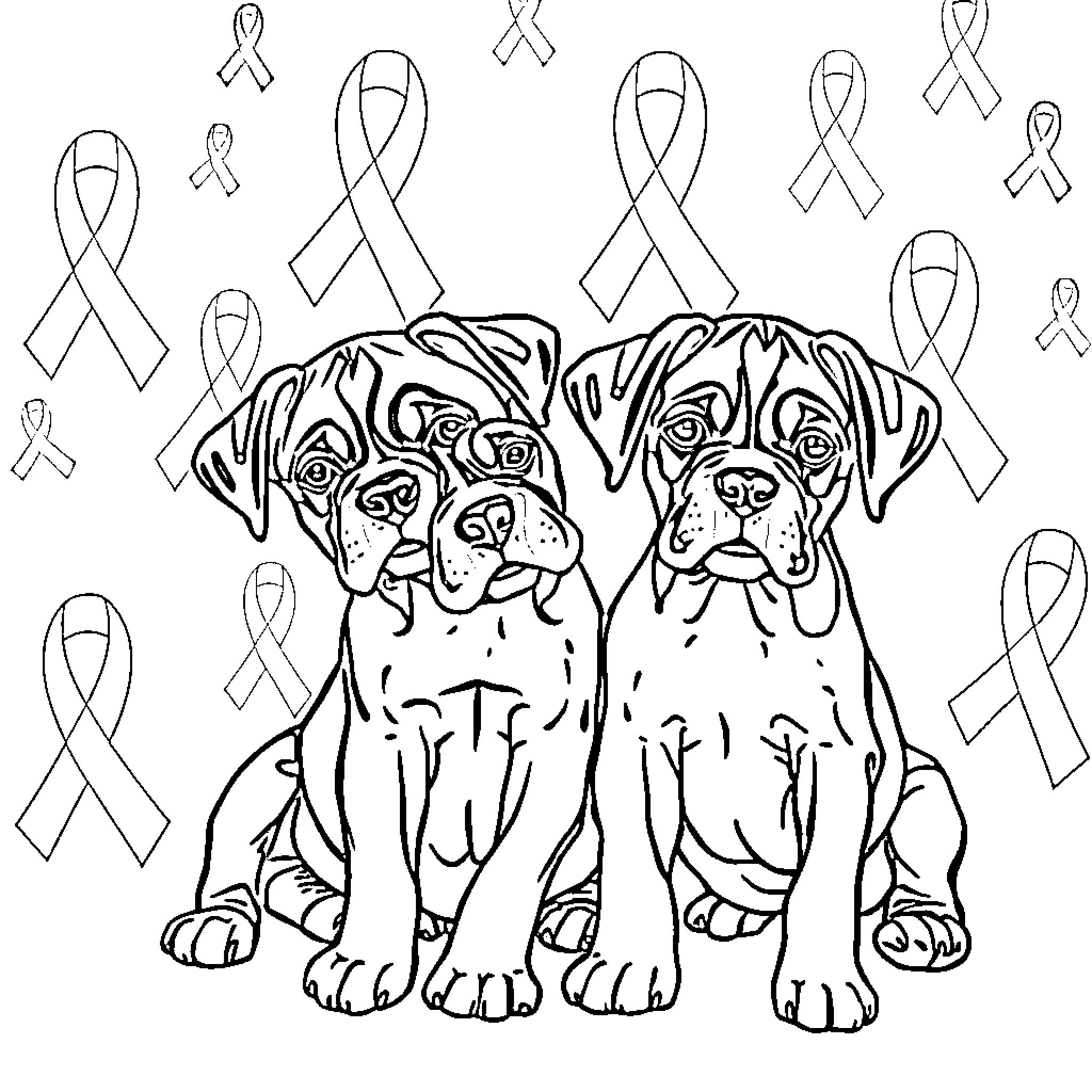 Boxer dogs in a supportive environment Coloring Page (free black-and-white line drawing printable PDF for all, from beginners to advanced learners, including children, teens, adults, and seniors)