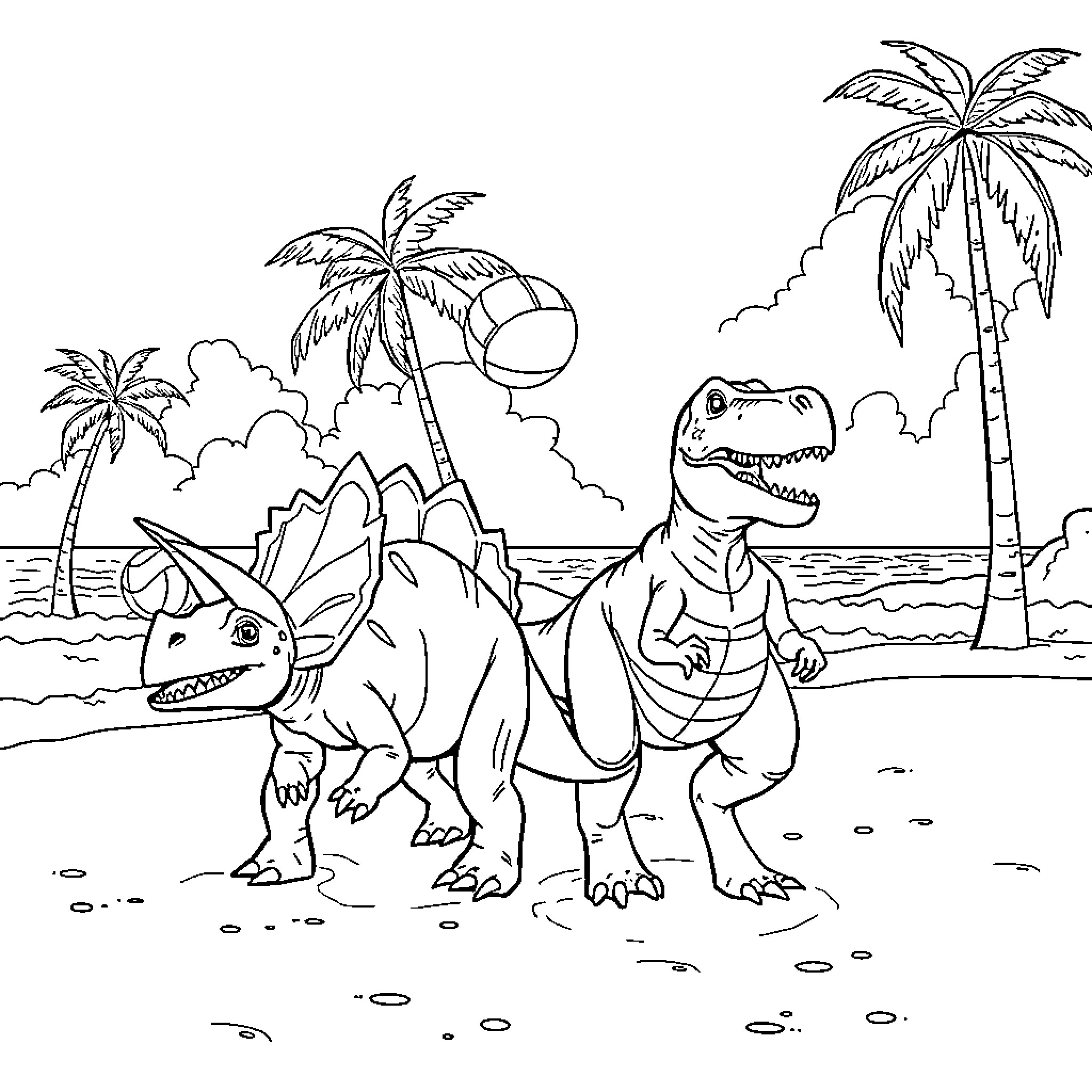 Triceratops playing on a tropical beach Coloring Page (free black-and-white line drawing printable PDF for all, from beginners to advanced learners, including children, teens, adults, and seniors)