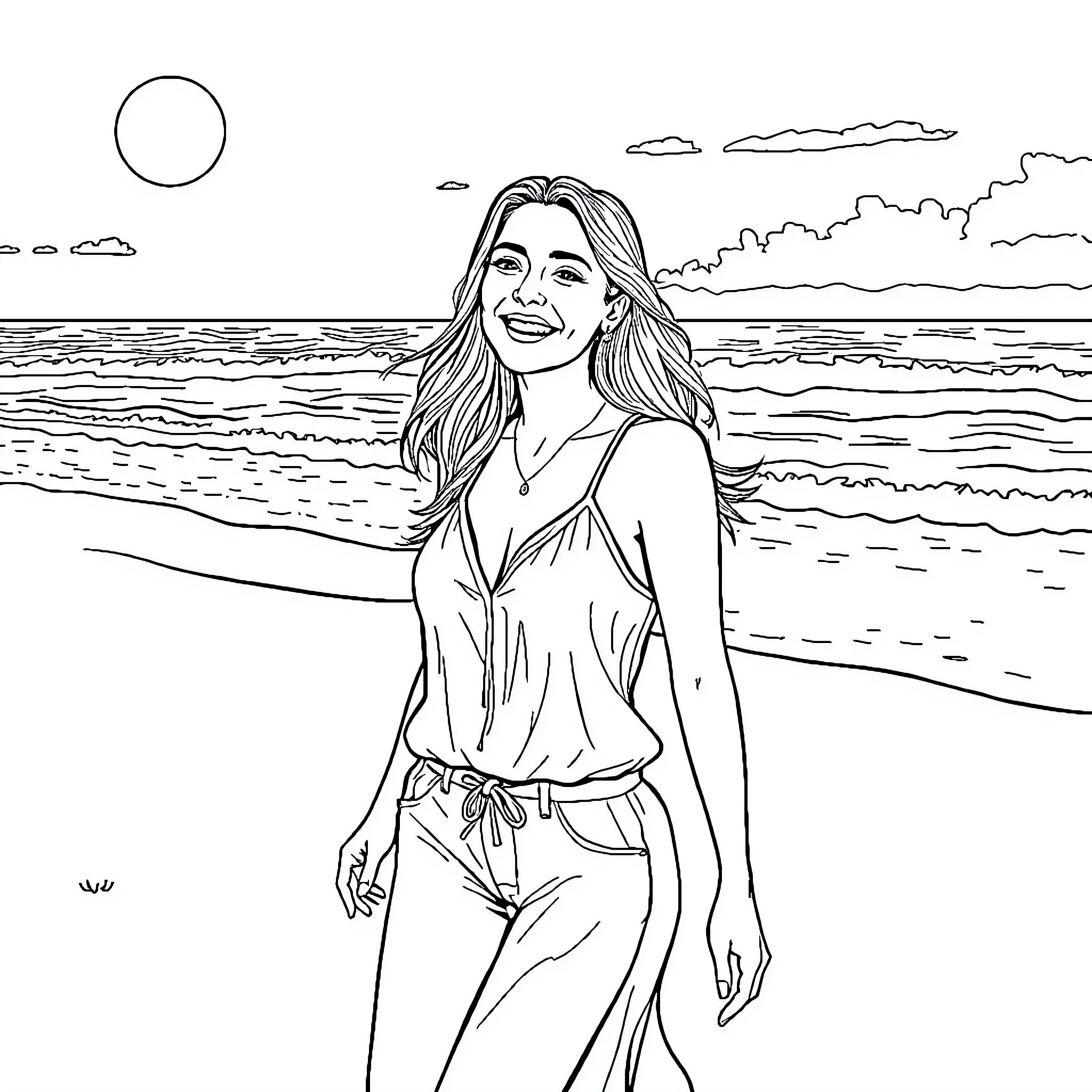 Jessica Biel enjoying a sunny day at the beach Coloring Page (free black-and-white line drawing printable PDF for all, from beginners to advanced learners, including children, teens, adults, and seniors)