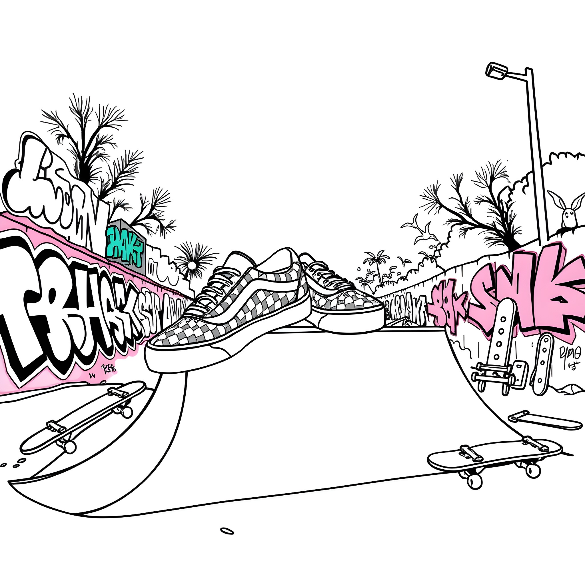 Vans skaters in a colorful, graffiti-filled skate park Coloring Page (free black-and-white line drawing printable PDF for all, from beginners to advanced learners, including children, teens, adults, and seniors)