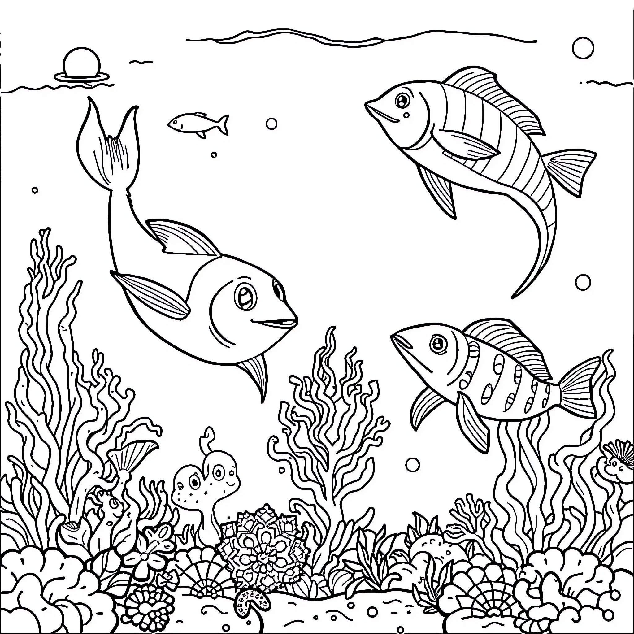 Animal friends swimming in the underwater paradise Coloring Page (free black-and-white line drawing printable PDF for all, from beginners to advanced learners, including children, teens, adults, and seniors)
