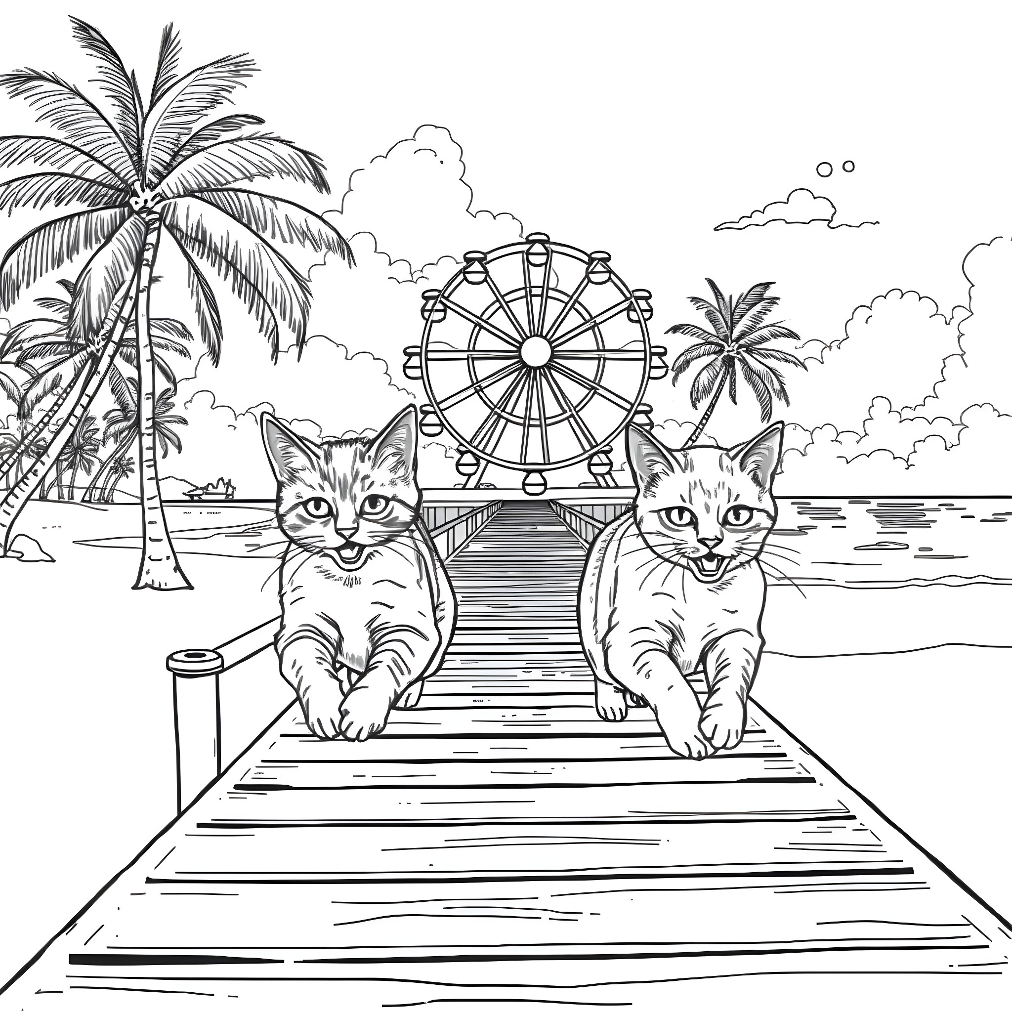 Cat Companions on Boardwalk by the Sea Coloring Page (free black-and-white line drawing printable PDF for all, from beginners to advanced learners, including children, teens, adults, and seniors)