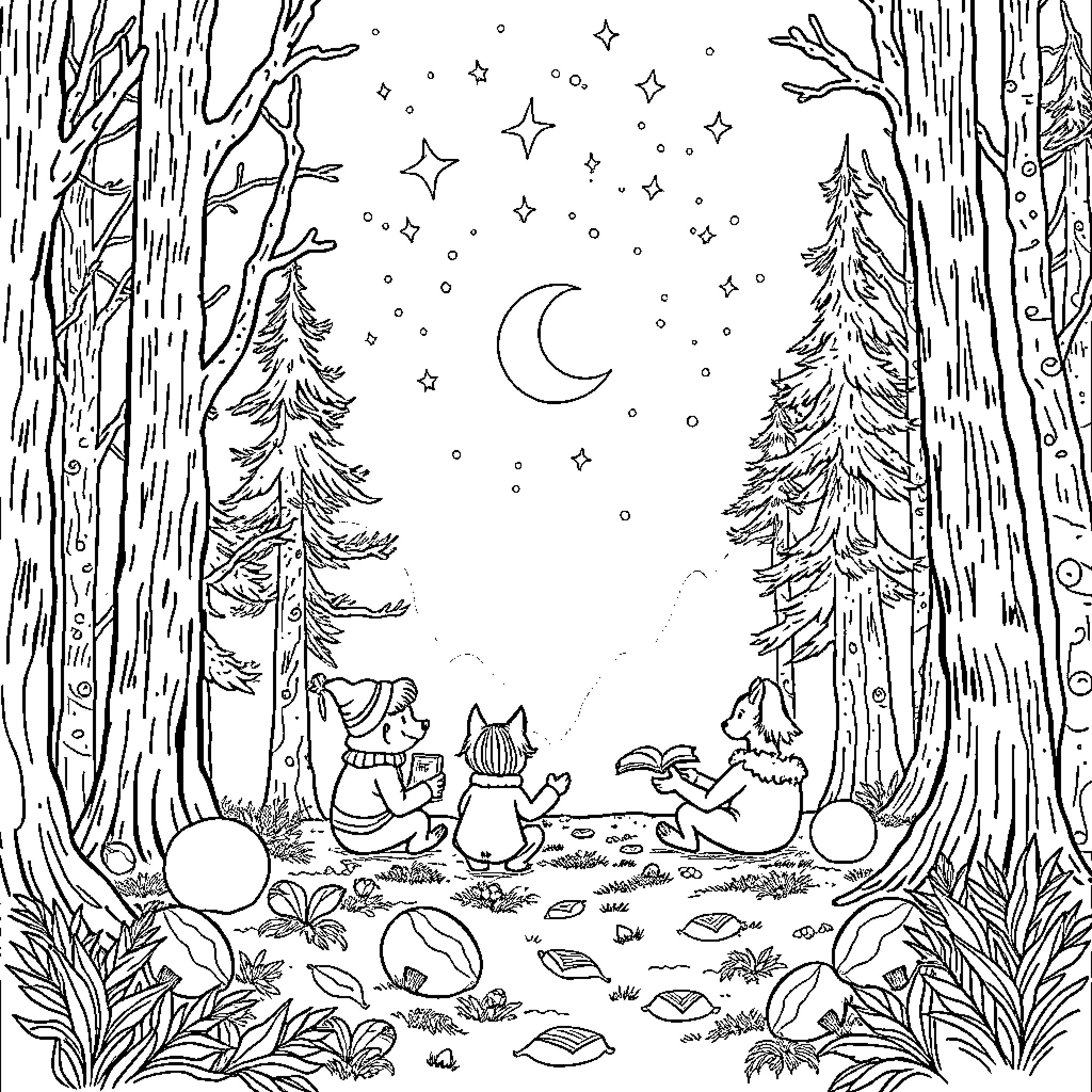 Character Creatures Enjoying Starry Night in Forest Coloring Page (free black-and-white line drawing printable PDF for all, from beginners to advanced learners, including children, teens, adults, and seniors)